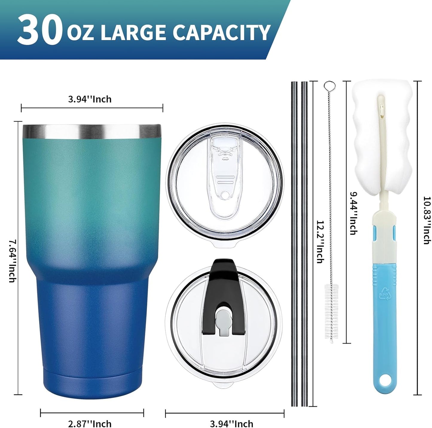 30 oz Tumbler with Lids and Straws, Stainless Steel Insulated Coffee Tumbler, Double Wall Vacuum Insulated Travel Mug Cup, Leakproof Thermal Coffee Cup for Hot and Cold Drinks (dark green blue)