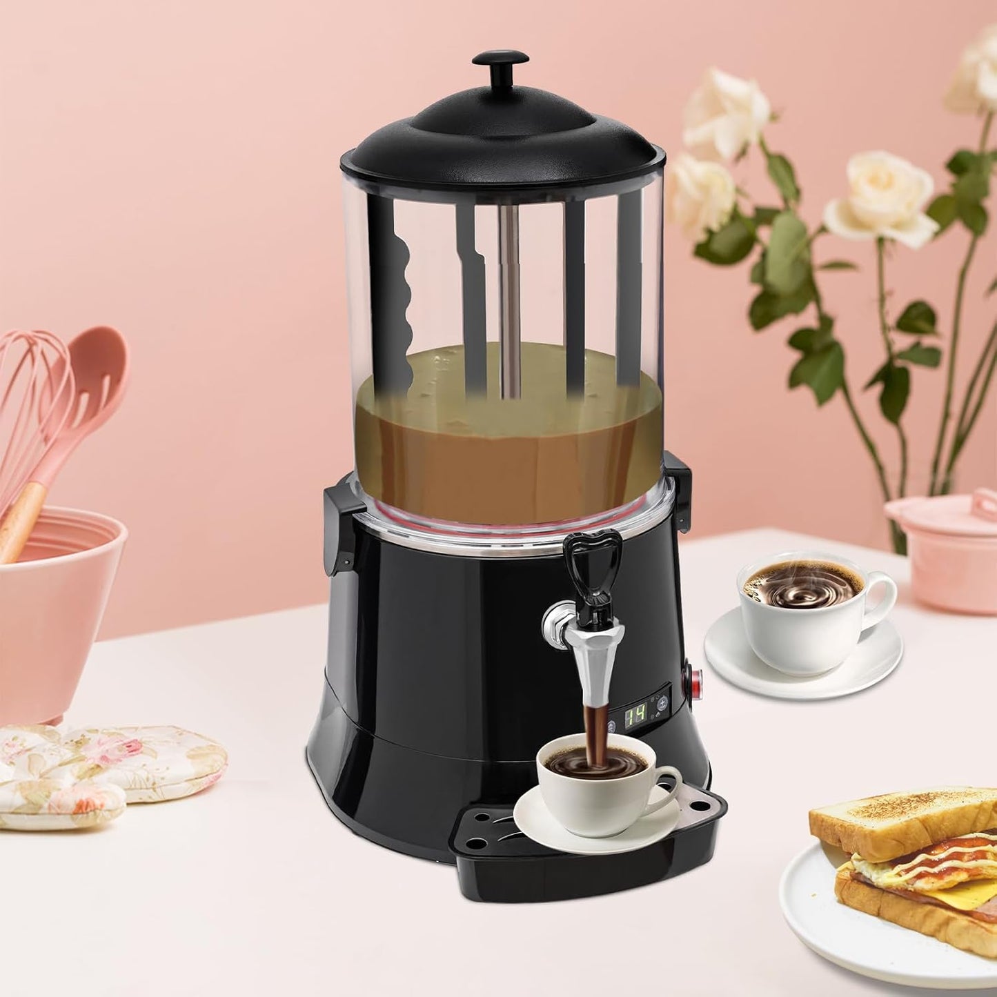 Hot Chocolate Maker Machine, 400W 10L/2.7Gal Electric Stainless Steel Hot Chocolate Dispenser Melting Machine, Commercial Beverage Warmer Coffee Maker for Kitchen Party, Black