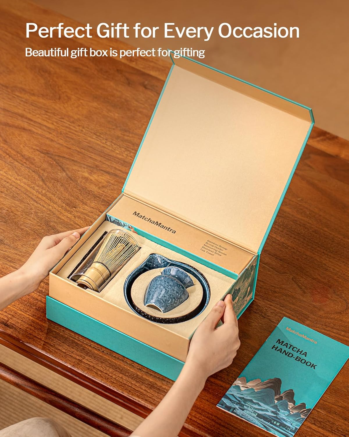 Artisan Matcha Whisk Set - 8 Pcs Premium Matcha Set with Bowl (Chawan), Bamboo Whisk & Tools | Matcha Kit for Making Breakfast/Latte | Gift for Matcha Lovers (Gem Blue)