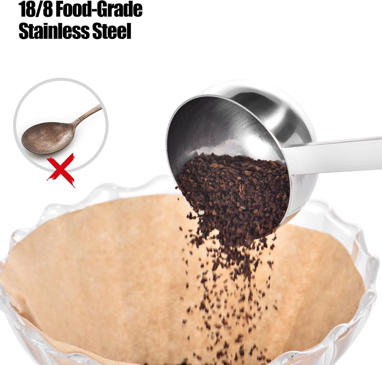 18/8 Stainless Steel Coffee Scoop, Doosu Food-Grade Metal Measuring Spoon with 6.9in Long Handle, Tablespoon Scooper for Coffee Beans, Ground Coffee, Espresso, Protein Powders, Tea, Sugar (2 Tbsp)