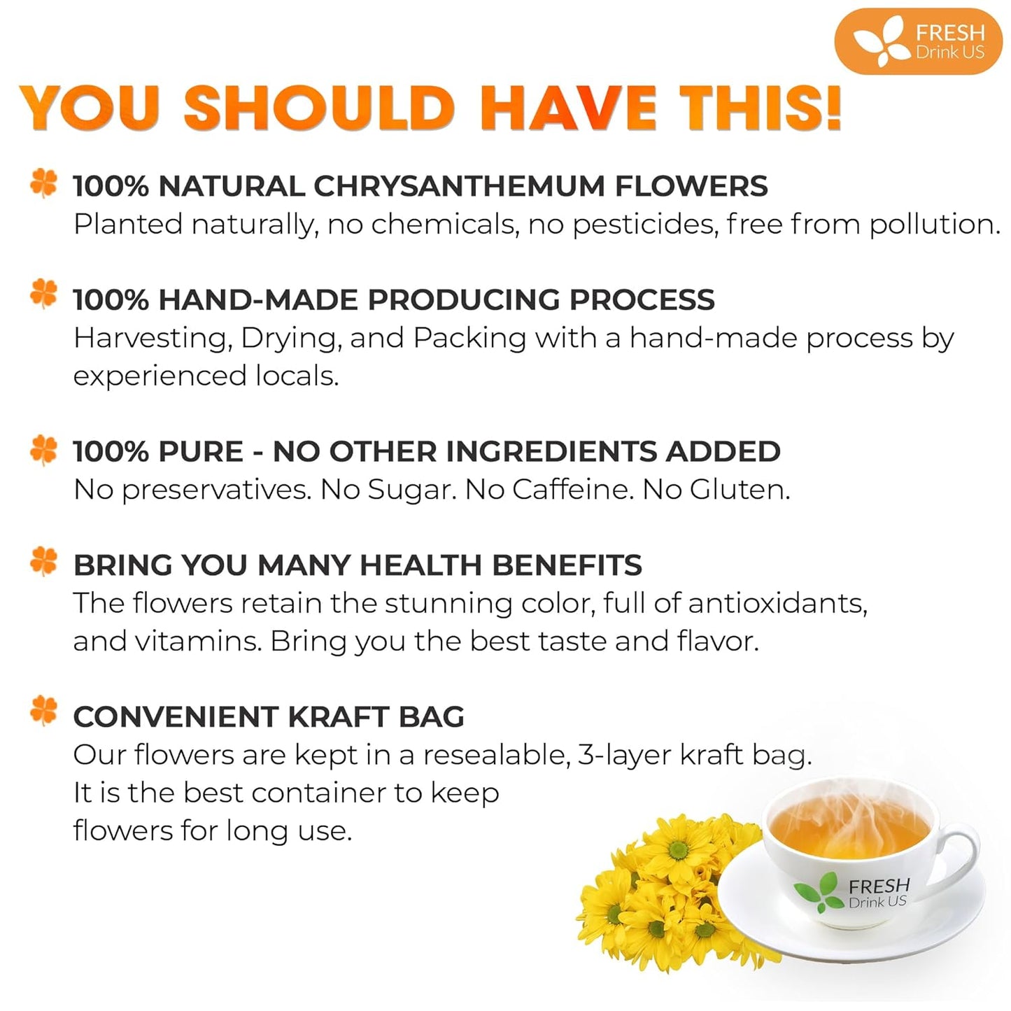 FreshDrinkUS, Premium 8oz Chrysanthemum Flowers, 100% Natural & Pure Chrysanthemum Flower Dried, Chrysanthemum Herbal Tea, No Additives, No Caffeine, Vegan