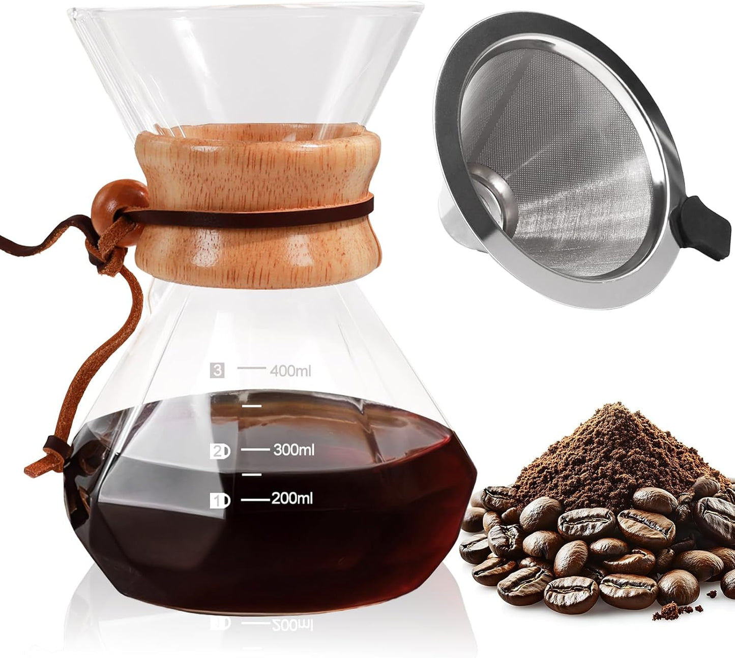 Pour Over Coffee Maker 400ml with 304 Stainless Steel Filter and Wooden Collar Holder Borosilicate Glass Drip Coffeemaker Server Set Clear Hand Brew Dripper Carafe for Home Camping Travel 13.5oz