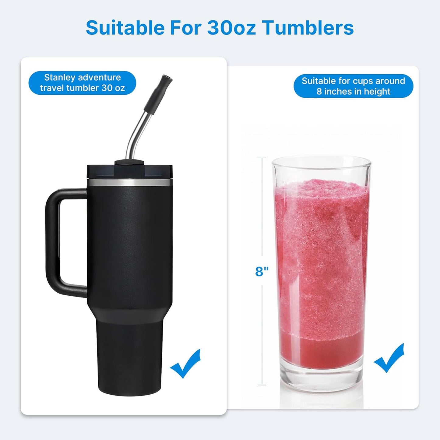 Repeatable Metal Straw with Silicone Tips for 30 oz Stanley Tumbler, 2 Pcs 30 oz Stainless Steel Straws Replacement for Stanley Tumbler, 1 Straw Brush, BPA Free（Black）