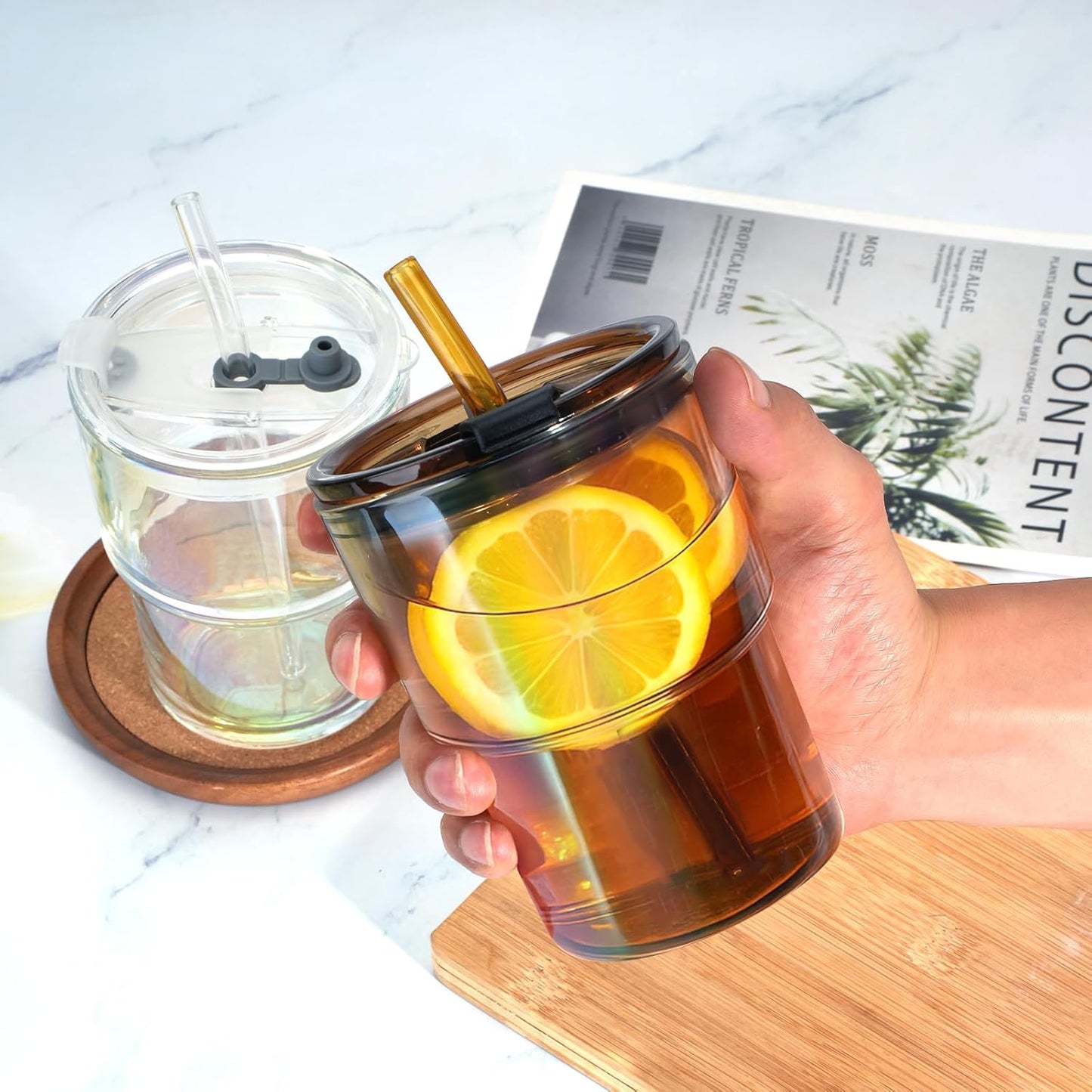 13 oz Glass Tumbler with Glass Straw and Lid, Leak-Proof Reusable Travel Cup for Iced Coffee, Tea, Matcha, Fruit Juice – Thick Wall Clear Water Bottle (Amber, 2 Pack)