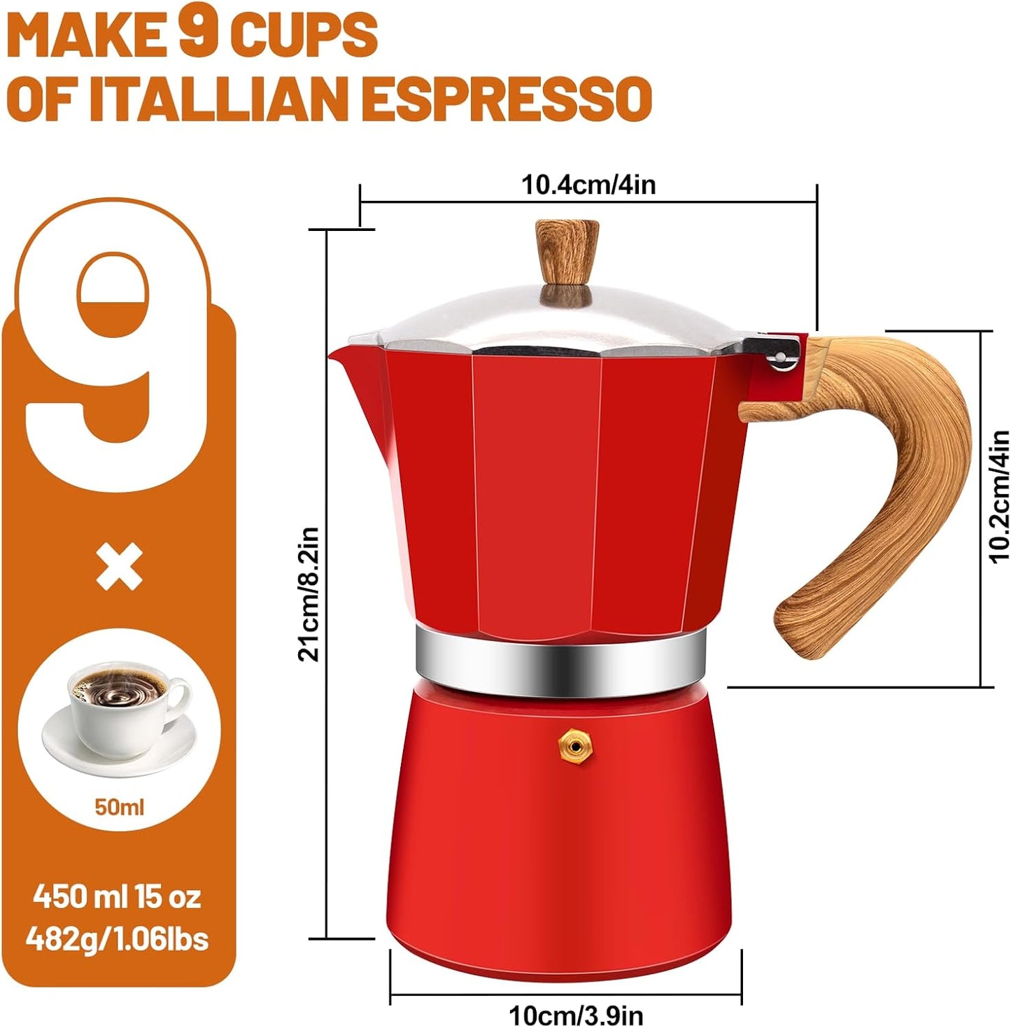 9 Cup Aluminum Espresso Stovetop Moka Pot Express Coffee Maker Percolator Italian Classic Mocha Coffee Machine for Italian and Cuban Cafe Brewing for Home & Camping 450ml 15oz