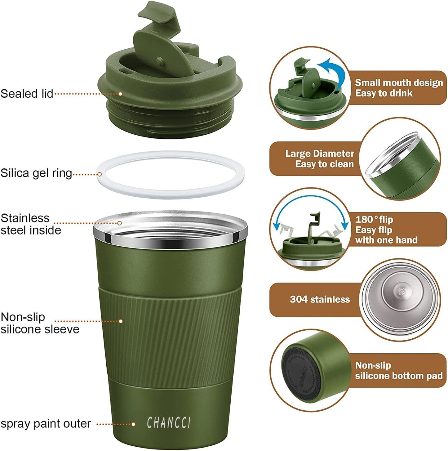 Travel Coffee Mug Spill Proof Leakproof 12 oz Insulated Coffee Mug with Screw Lid, Stainless Steel Vacuum Tumbler Reusable Thermal Coffee Cup to go for Hot and Cold Drinks -380ml,Dark Green