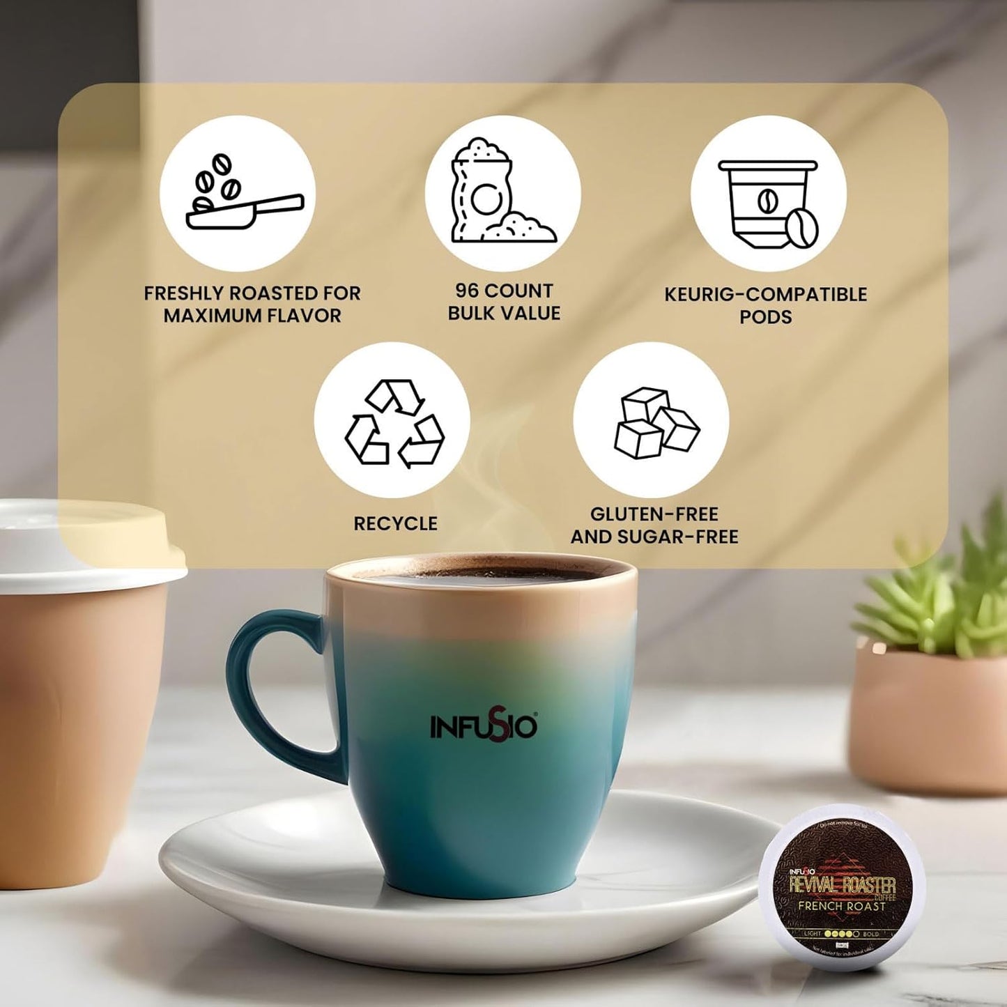 InfuSio Coffee Pods – 96 Count, French Roast (Dark Roast Coffee) Single Serve Coffee Pods for Keurig K Cup® Brewers, Compatible with Keurig 2.0 Brewers
