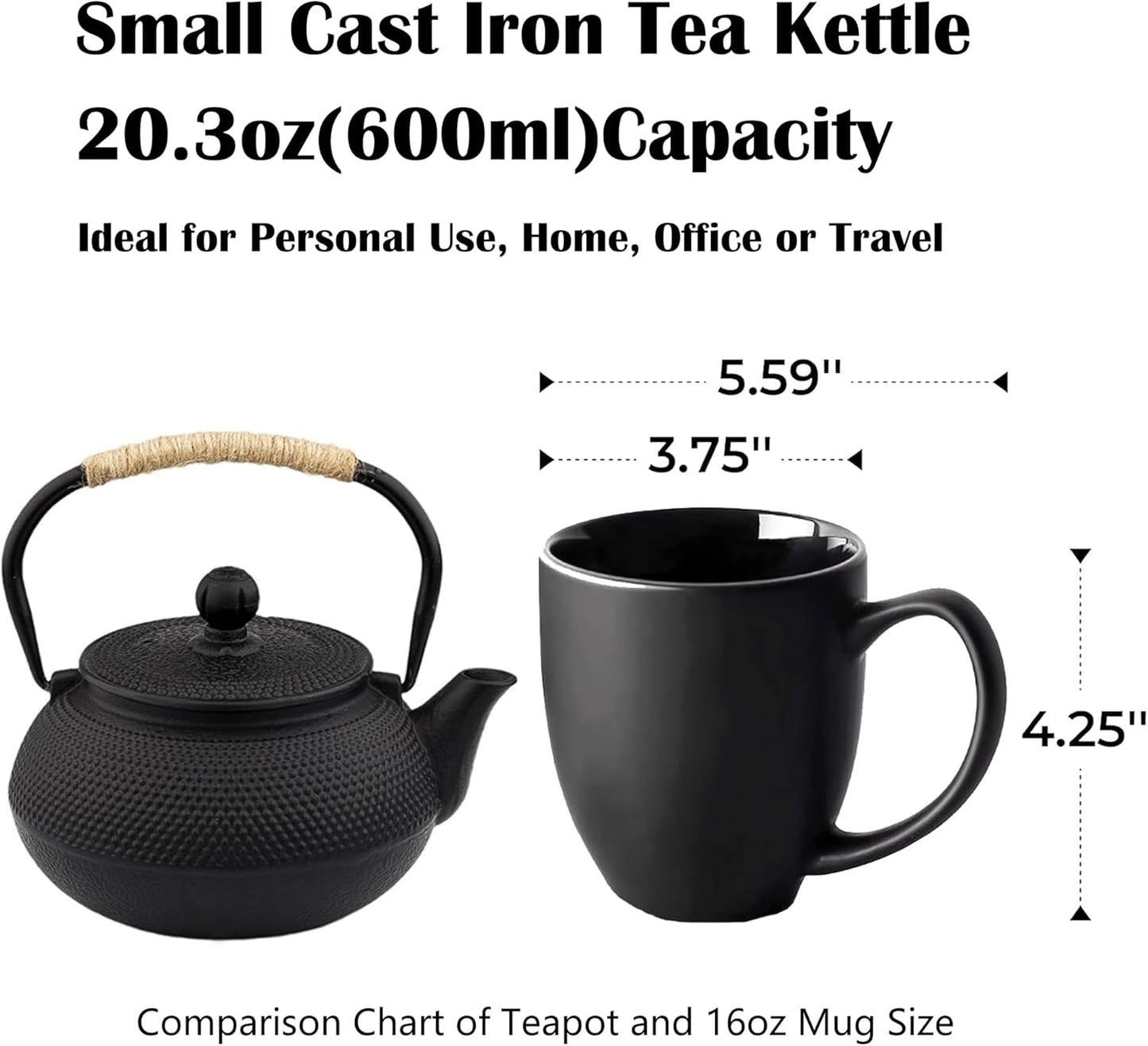20.3oz Only, Small Tea Kettle for 1-2 Cups, Japanese Tetsubin, Cast Iron Teapot with Stainless Steel Infuser for Loose Leaf & Coffee, Tea Pot for Stovetop Safe, Enamel Interior(Black, 600ml)