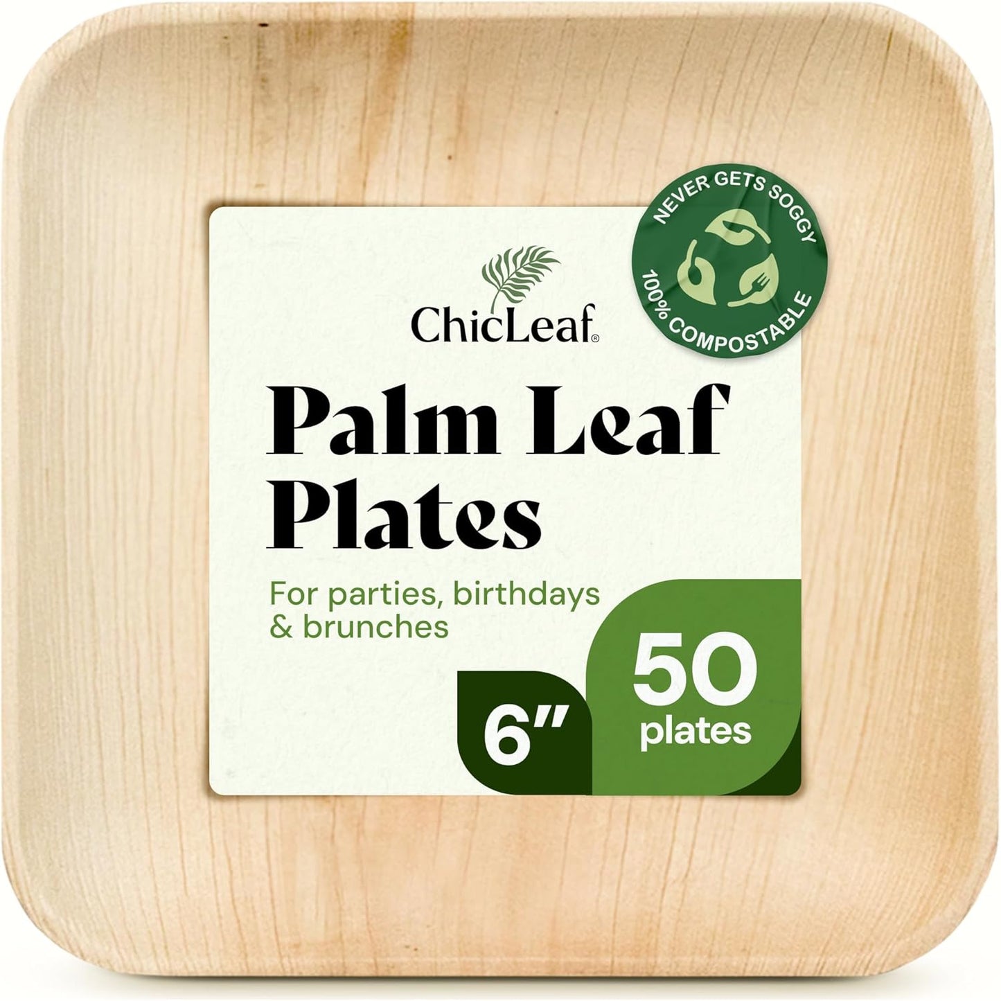 Chic Leaf Palm Leaf Compostable Plates - 6" Square, Pack of 50 - Disposable Dinnerware - Rustic Bamboo Appetizer Plates - Charcuterie Boards & Biodegradable Serviceware
