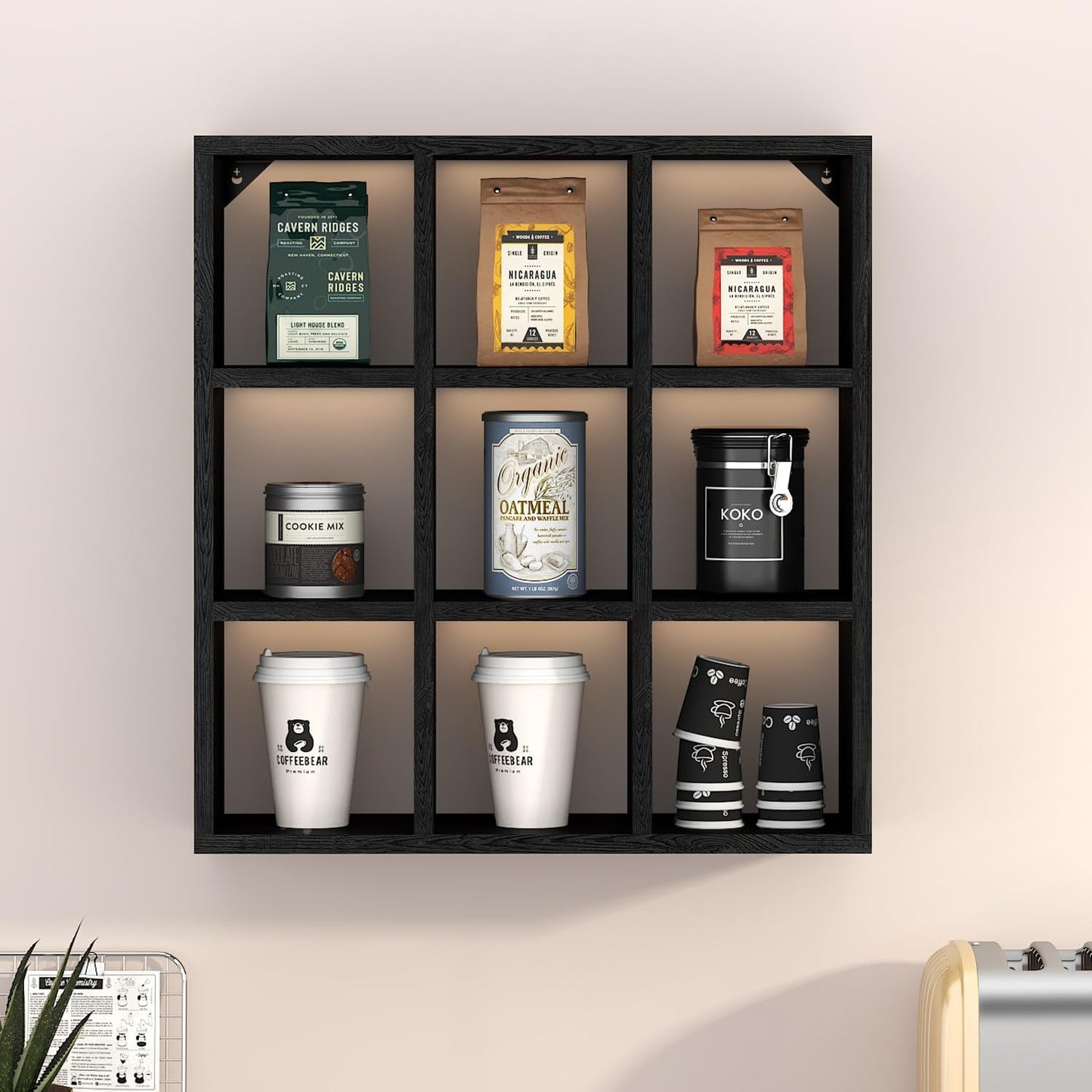 Helsin 9 Grid Vintage Coffee Mug Display Rack, 16inch Wall Mounted Wooden Curio Shadow Box Shelf, Cup Floating Shelves Display and Organizer (Black)