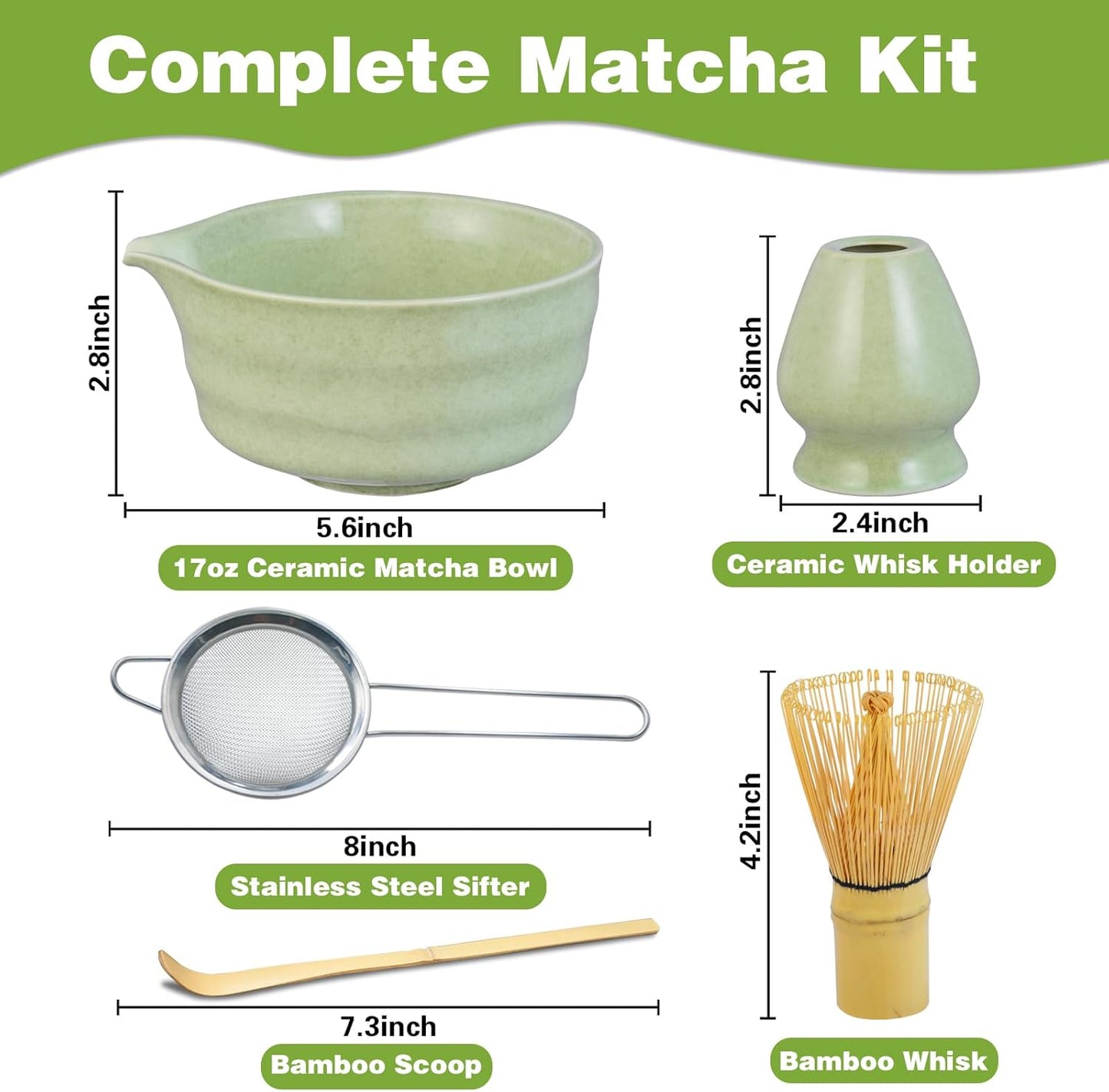 Matcha Whisk Set, Ceramic Matcha Bowl with Spout, Matcha Whisk, Chasen Holder, Powder Sifter, Bamboo Scoop, Complete Tea Making Kit for Matcha Lovers, Unique Gifts for Women Men Christmas