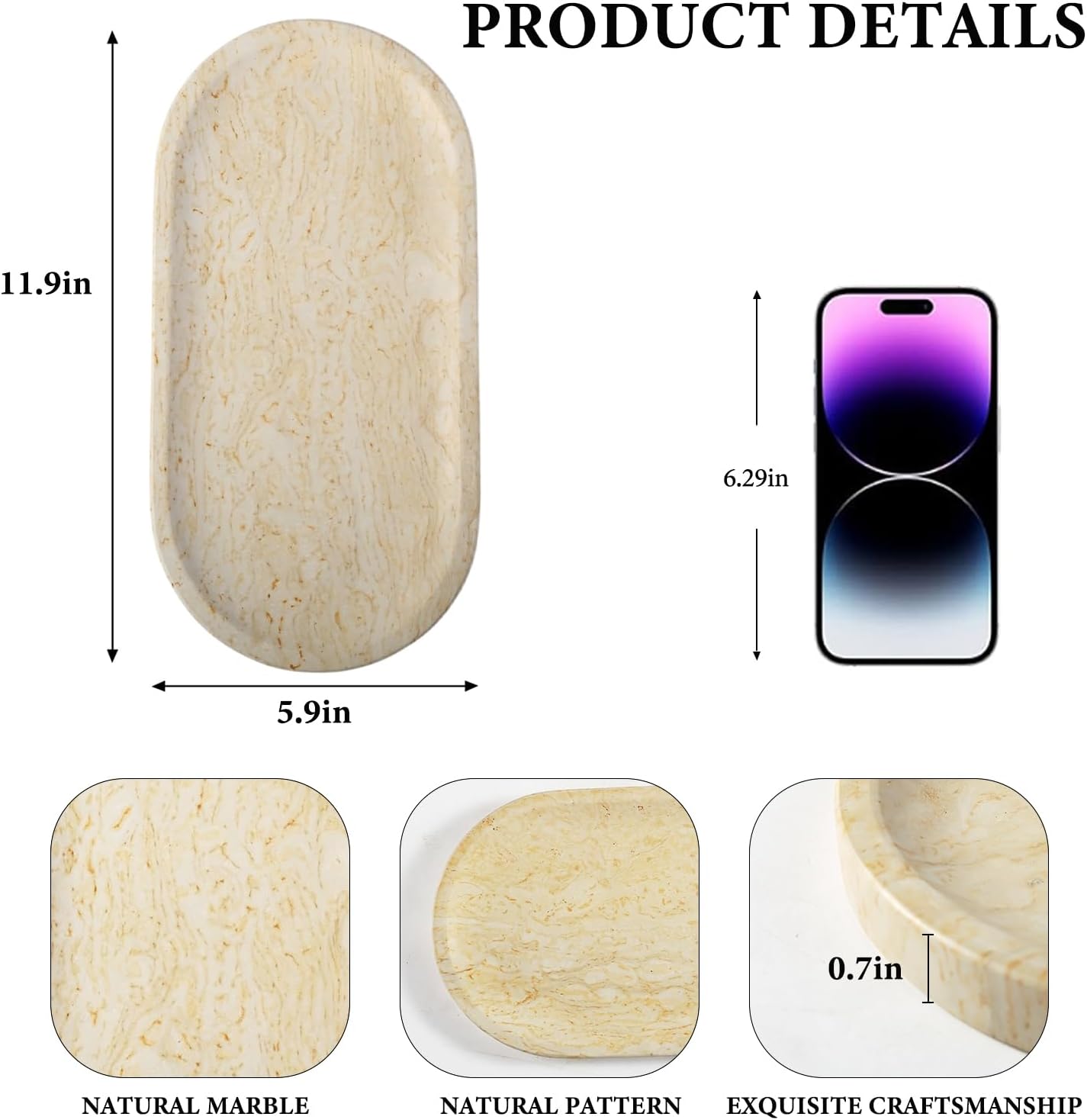 Koville Natural Marble Tray for Home Decor, 12"x6" Marble Vanity Tray for Dresser, Stone Perfume Organizer Jewelry Dish for Bathroom, Stone Catchall Storage Trays for Candles