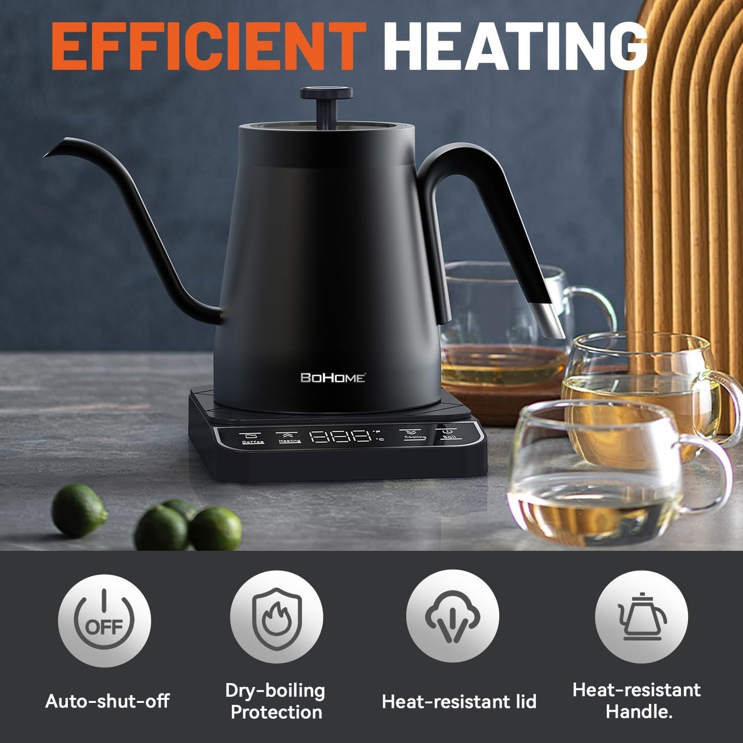 0.8L-1200W Electric Kettle Gooseneck, Digital Panel, Adjustable Tempurature, Auto Shut-off, Boil Dry Protection