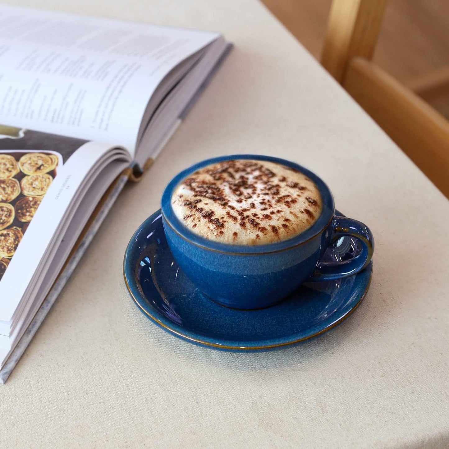 LE TAUCI 8 oz Cappuccino Cups with Saucers, Ceramic Large Coffee Cup for Au Lait, Double shot, Latte, Cafe Mocha, Tea - Set of 4, Ceylon Blue