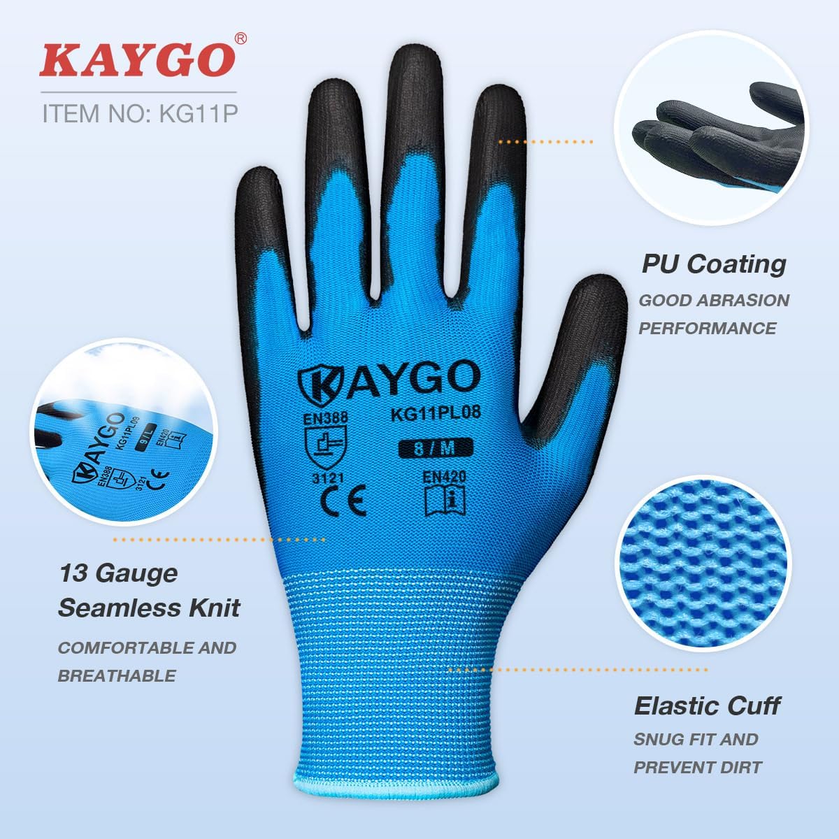 KAYGO Safety Work Gloves PU Coated-60 Pairs Seamless Knit Glove with Polyurethane Coated Smooth Grip on Palm & Fingers, for Men and Women, Ideal for General Duty Work, KG11PR (M,Blue)