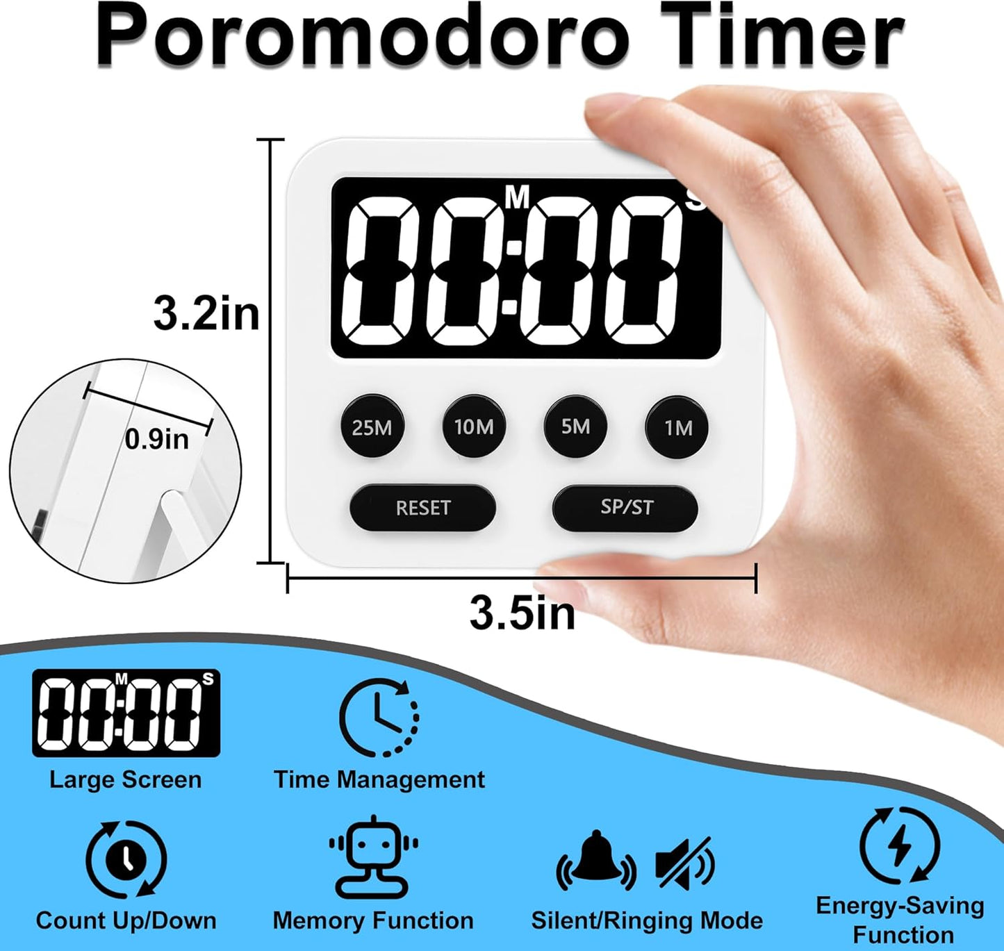 Pomodoro Timer, Digital Productivity Timer with Large Display, Kitchen Timers for Cooking, Settings 1-5-10-25 Minutes, White