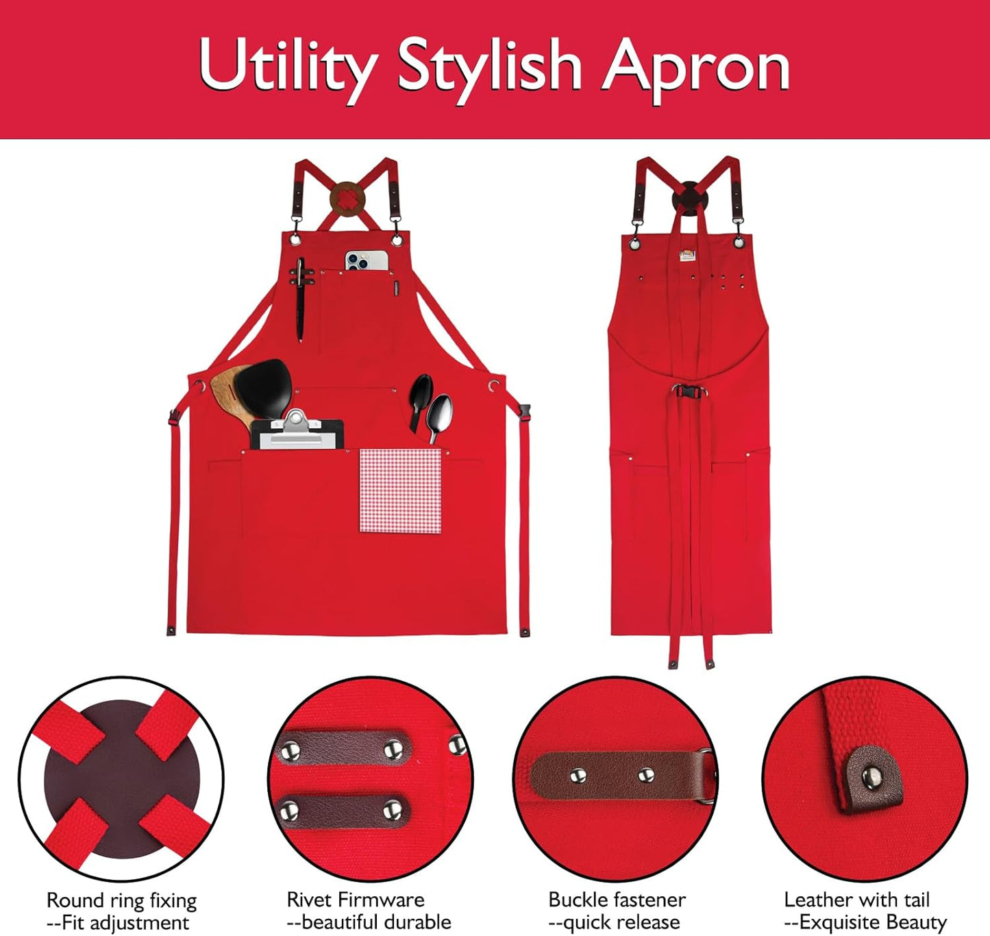 Kitchen Apron, Work Apron, Canvas, Multiple Pockets, Gardening, Painting, BBQ, Artist, Carpenter, Sizes M to XXL, Red