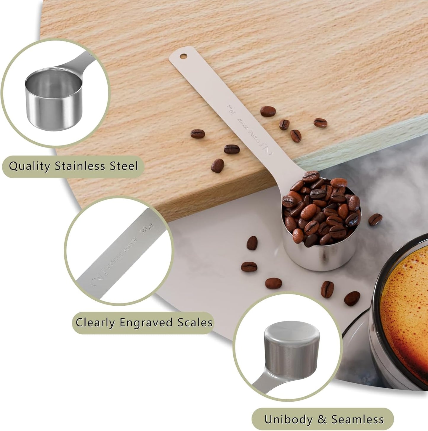 1PCS 2 Tablespoon(2tbsp, 30ml, 1/8cup) Coffee Scoop, Long Handle Measuring Spoon, Stainless Steel Scooper