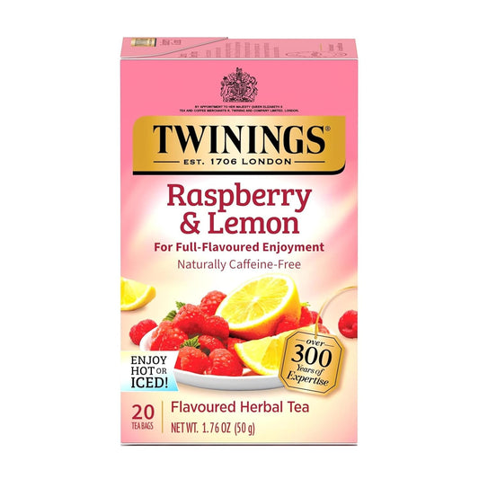 Twinings Raspberry & Lemon Herbal Tea Individually Wrapped Bags, 20 Count (Pack of 1), Unsweetened, Refreshing & Fruity, Naturally Caffeine-Free, Enjoy Hot or Iced, 20 Teabags
