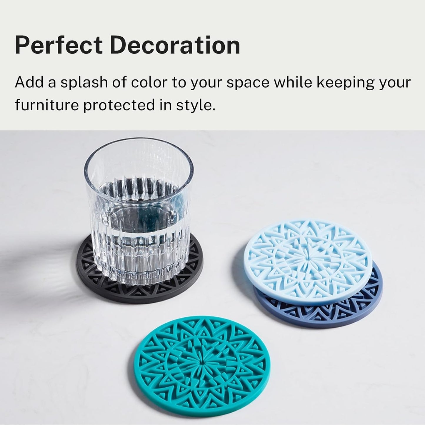 Set of 6 Baby Blue Silicone Coasters with Holder, Drink Coasters with Tribal Pattern Shape- for Table Protection, Anti Slip, Nonstick, Heat Resistant, Deep Tray