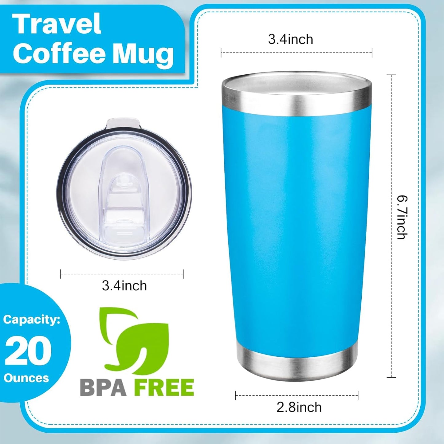 20oz Tumbler with Lid Double Wall Vacuum Insulated Travel Coffee Mug Stainless Steel Thermal Cup Powder Coated Sturdy Coffee Tumbler for Hot and Cold Beverage (Baby blue,1)