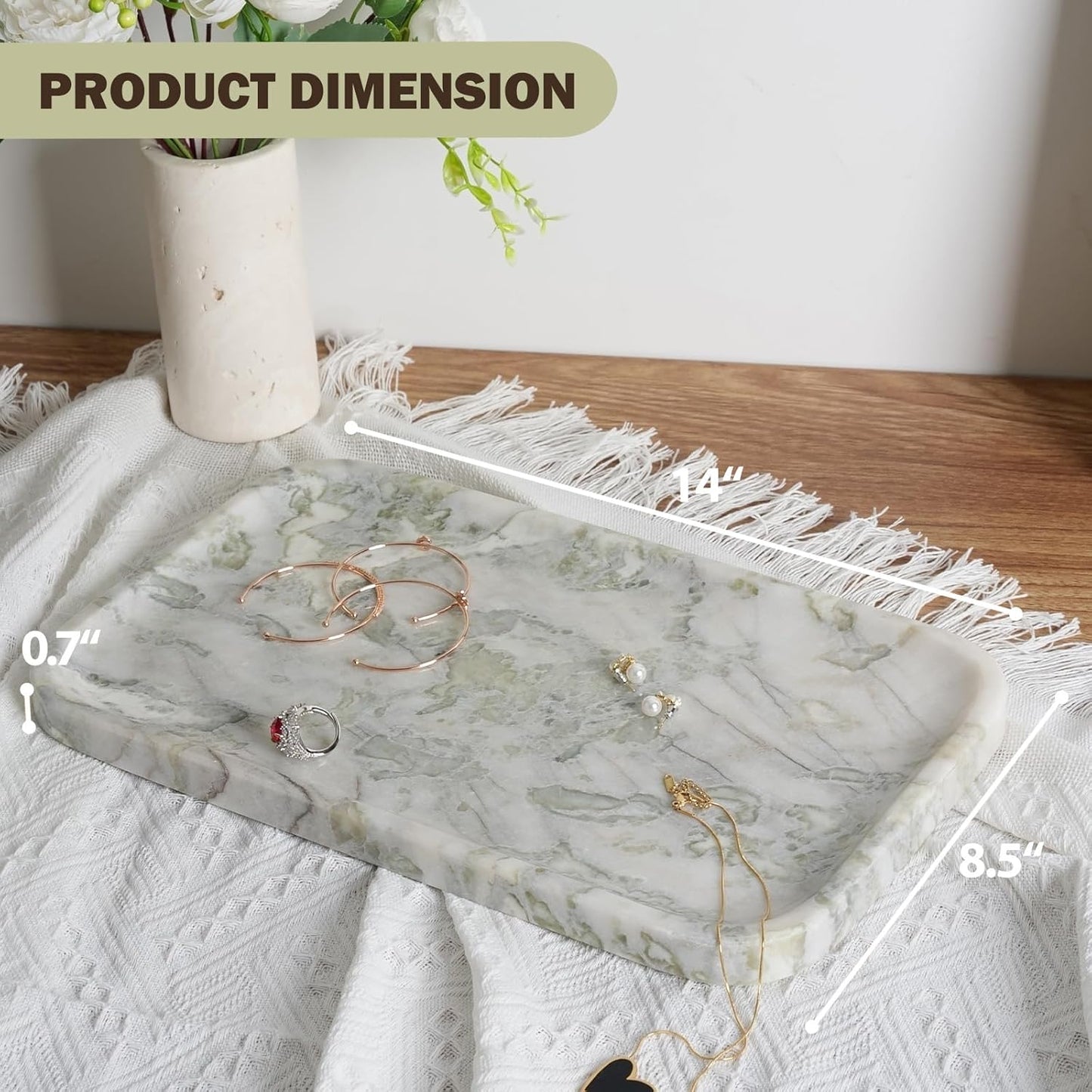 Marble Vanity Tray, Large Stone Bathroom Tray for Countertop, 14'' African Gem Genuine Marble Decorative Tray for Dresser, Green Kitchen Trays for Counter,Perfume Storage, Non-Resin/Ceramic