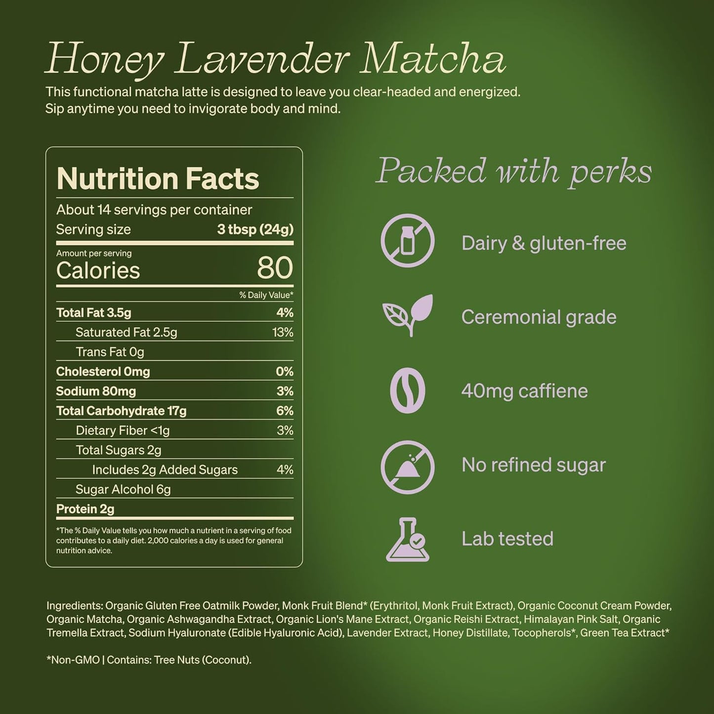 Clevr Blends Organic Honey Lavender Matcha SuperLatte, Instant Ceremonial Grade, Superfood Powder Blend, Oat Milk, Lion Mane, Reishi Mushroom, Coconut Cream, Ashwagandha, Serve Hot or Iced (14 Lattes)