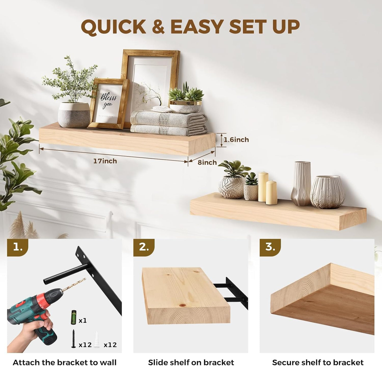 17x8x1.6 inch Floating Shelves Set of 2 – Solid Wood Rustic Wood Wall Mounted Shelf for Kitchen, Bathroom, Living Room