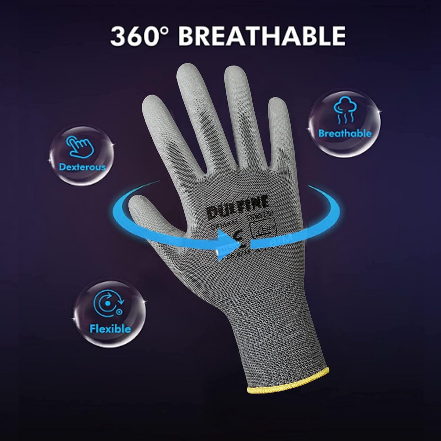 DULFINE Men's Large Grey 60 Pairs Safety Work Gloves with Thin Polyurethane Coating for General Light to Medium Duty Tasks