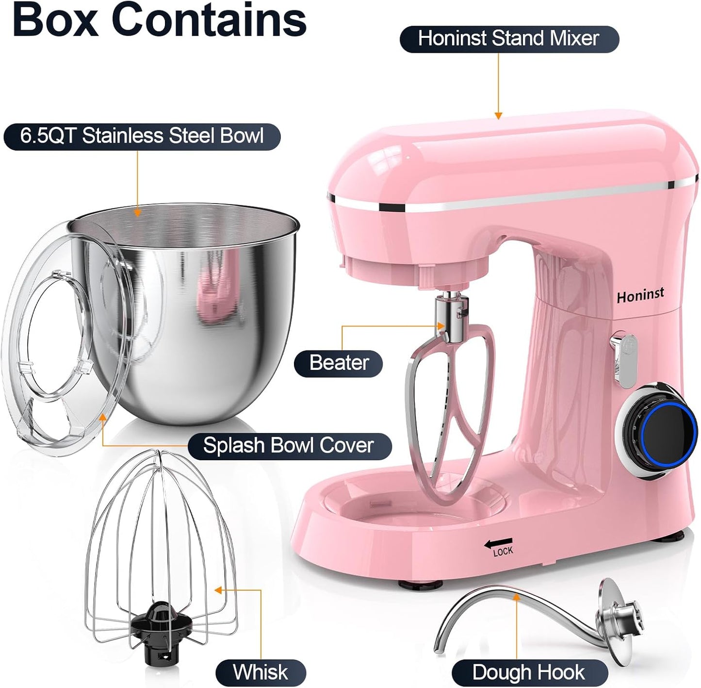 Stand Mixer, 6.5QT 10-Speed Tilt-Head Electric Stand Mixer, 3-In-1 Kitchen Mixer with Bowl, Dough Hook, Whisk and Beater, Food Mixer for Baking, Cake and Most Home Cooks, Pink