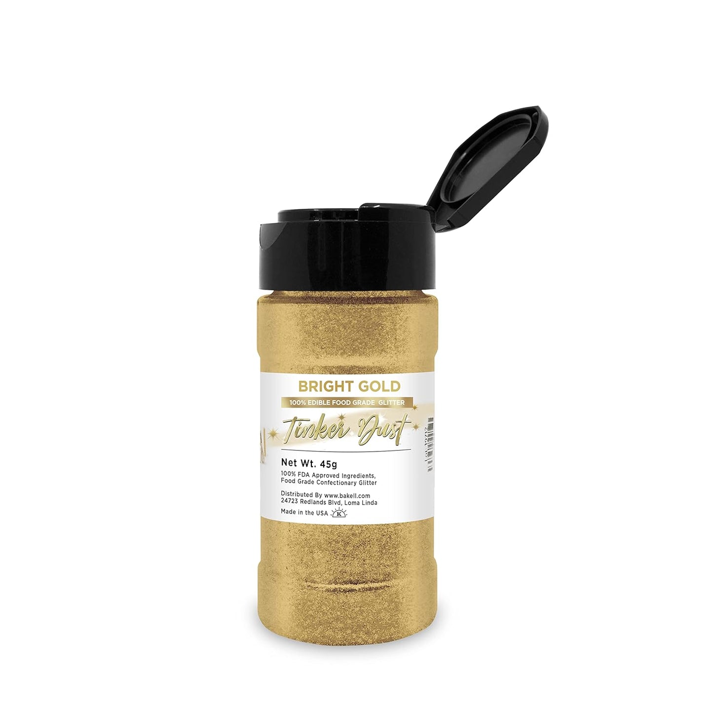 Bright Gold BAKELL Edible Glitter, 45 Grams | TINKER DUST Edible Glitter | KOSHER Certified | 100% Edible Glitter | Cakes, Cupcakes, Cake Pops, Drinks, Dessert Vegan Glitter & Dusts (45g Shaker, Bright Gold)