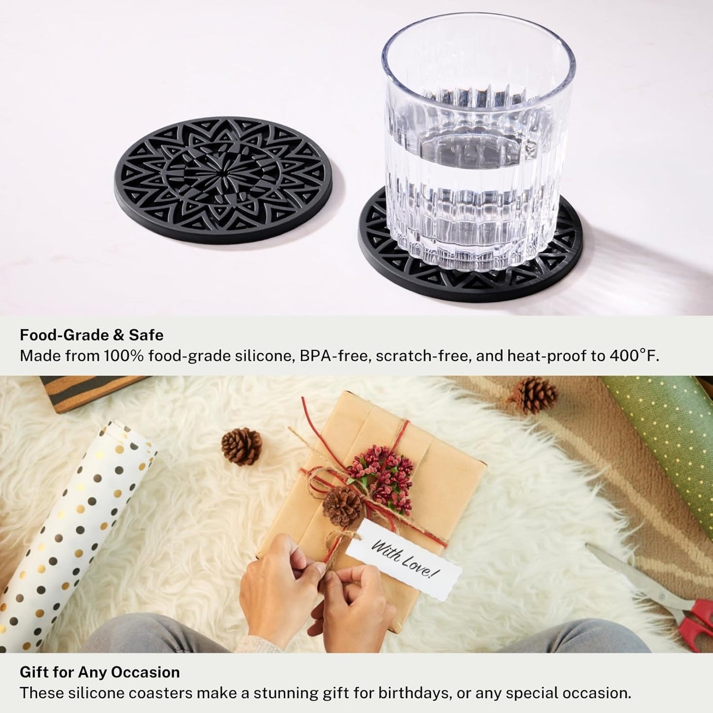 Set of 6 Black Silicone Coasters with Holder, Drink Coasters with Tribal Pattern Shape- for Table Protection, Anti Slip, Nonstick, Heat Resistant, Deep Tray