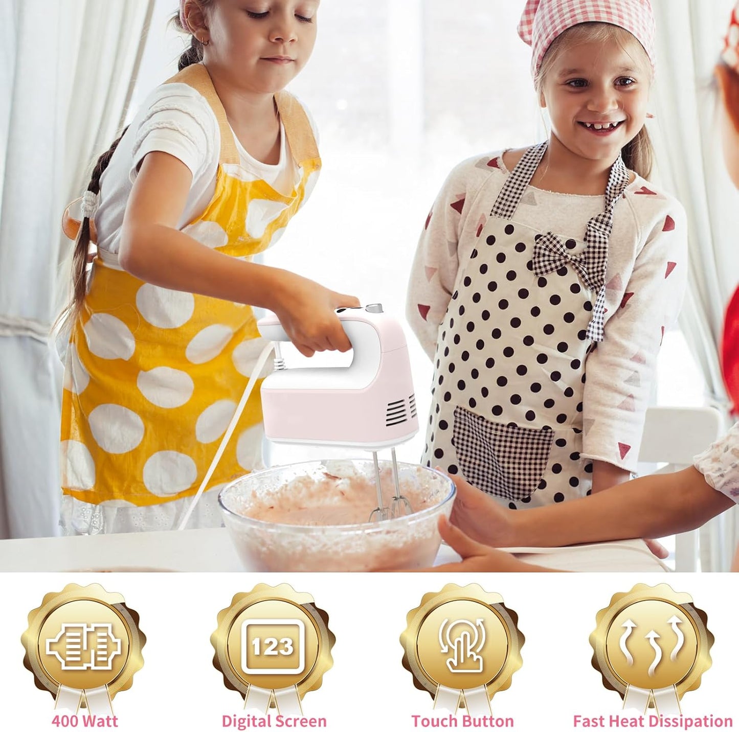 CBQ Hand Mixer Electric, 9 Speed 400W Handheld Mixer with Digital, Touch Button, Turbo, Storage Case, 5x Stainless Steel Accessories, Mixer Electric Handheld for Cake, Cookie, Egg (Pale Pink)