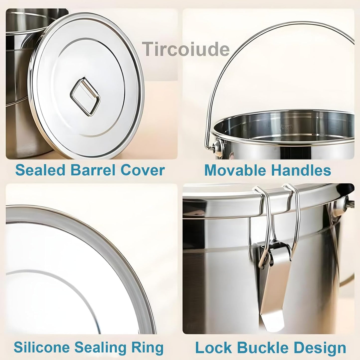 21L/5.5 Gal 304 Stainless Steel Airtight Canister for Kitchen, Metal Food Storage Containers with Lid and Sturdy Locking Clamp for Bean Flour Oil Sugar Metal Food Storage Bucket