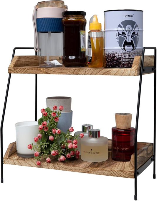 Coffee Bar Accessories and Organizer, Coffee Station Organizer 2 Tier Bathroom Counter Organizer, Wood Coffee Tray, Bathroom Vanity Organizer, Countertop Shelf for Kitchen, Coffee Lover