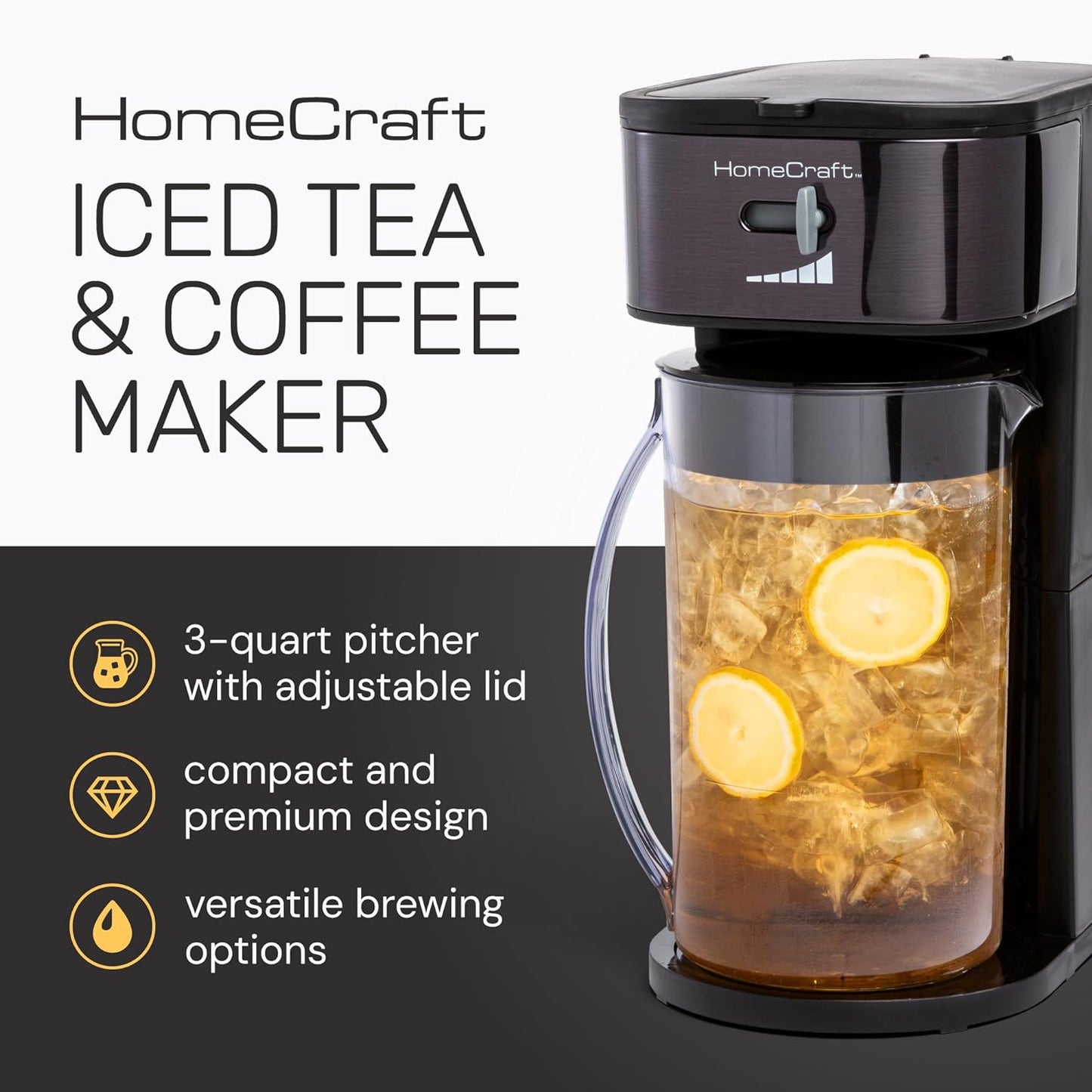 Homecraft 3-Quart Iced Coffee and Tea Maker with Filter Basket, Flavor Enhancer, Adjustable Brew Strength, Black