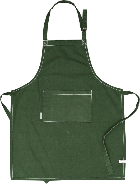 AMOUR INFINI Cotton Solid Aprons for Women with Pocket, Adjustable Strap and Waist Ties Washed Chef Aprons for Cooking, Baking and Gardening (27.5x33 Inches - Green)