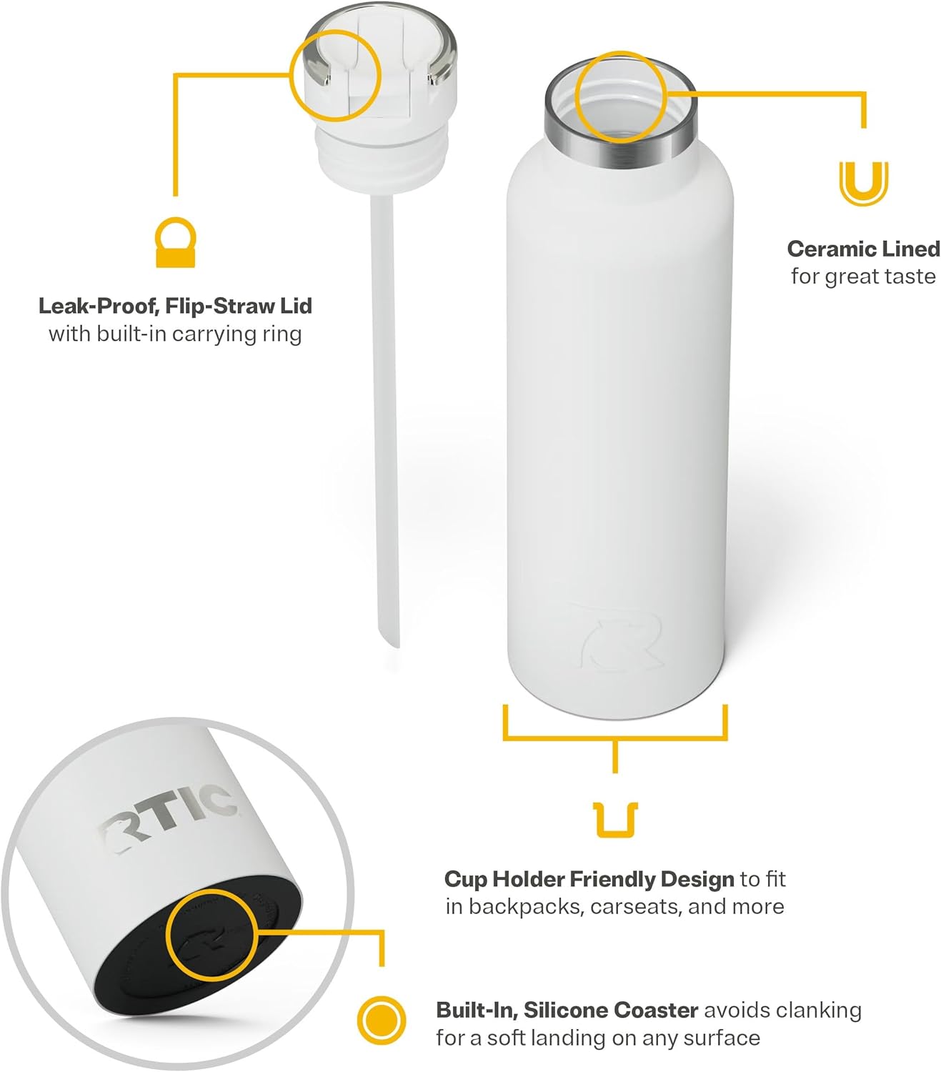 RTIC 20oz Journey Bottle Metal Stainless Steel Vacuum Insulated, BPA Free, Reusable, for Water, Hot and Cold Drinks, Travel, Sports, Camping, White