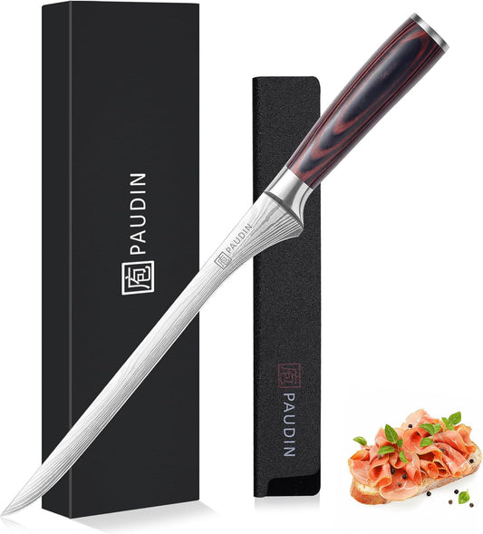 PAUDIN Carving Knife, 10 Inch Professional Ham Slicing Knife with Sheath, High Carbon Stainless Steel Meat Cutting Knifes, Spanish Style Sharp Slicer Knives with Ergonomic Pakkawood Handle, Gift Box