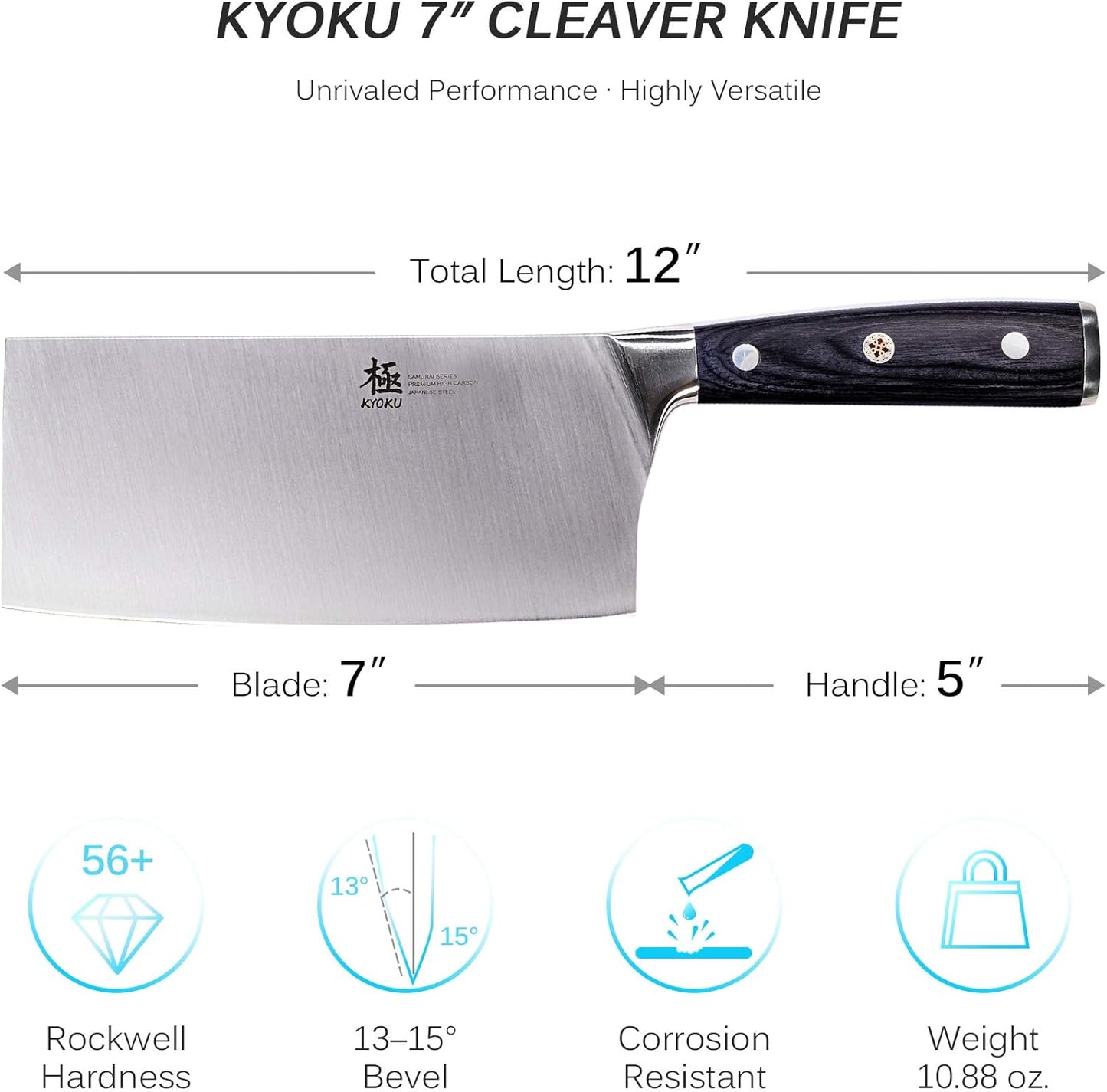 KYOKU Samurai Series - 7" Cleaver Knife - Full Tang - Japanese High Carbon Steel Kitchen Knives - Pakkawood Handle with Mosaic Pin - with Sheath & Case
