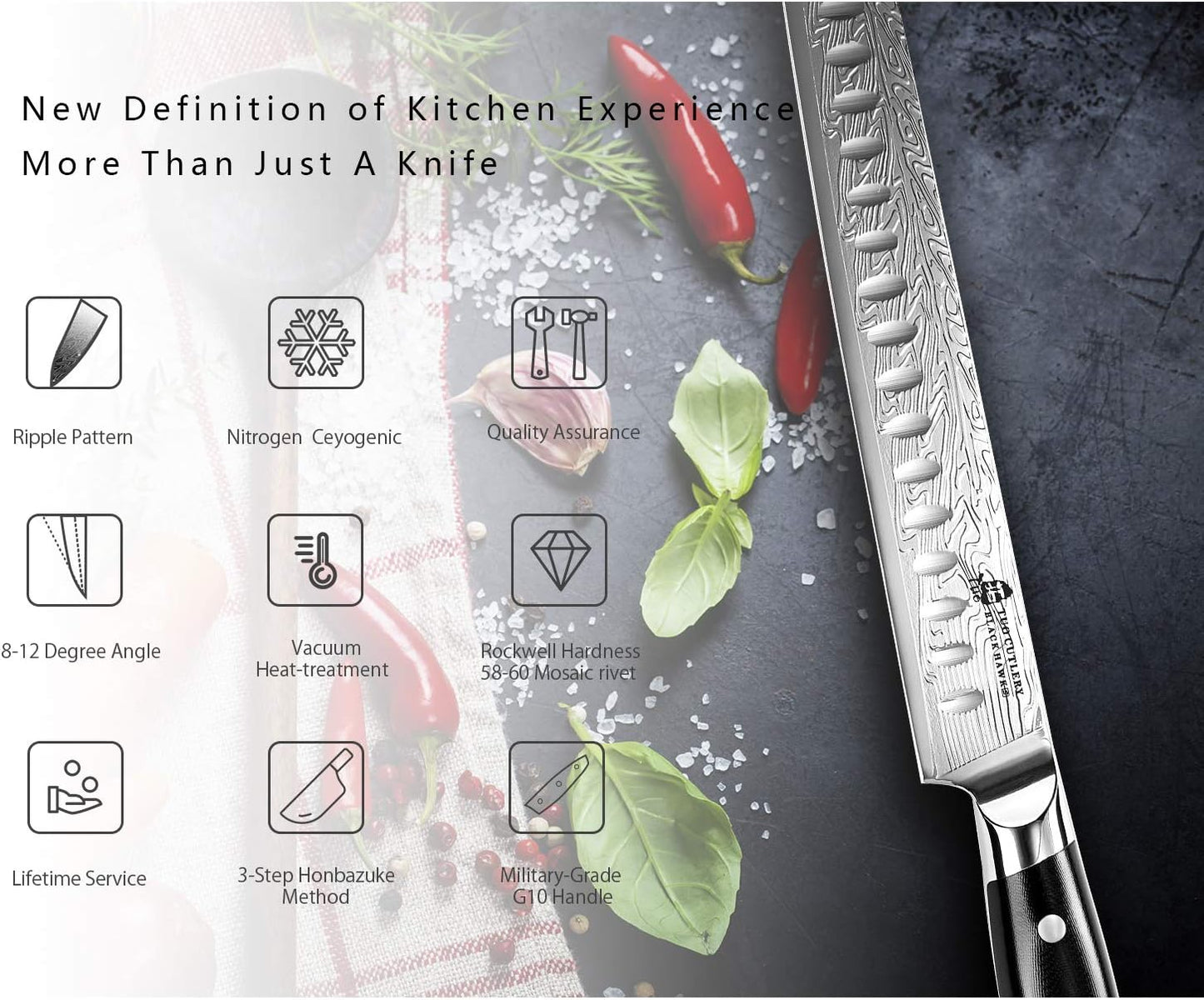 TUO Slicing Knife - Meat Carving Knife Brisket Knife High Carbon Stainless Steel 12-Inch - Meat Knife with G10 Full Tang Handle - Black Hawk-S Knives Including Gift Box