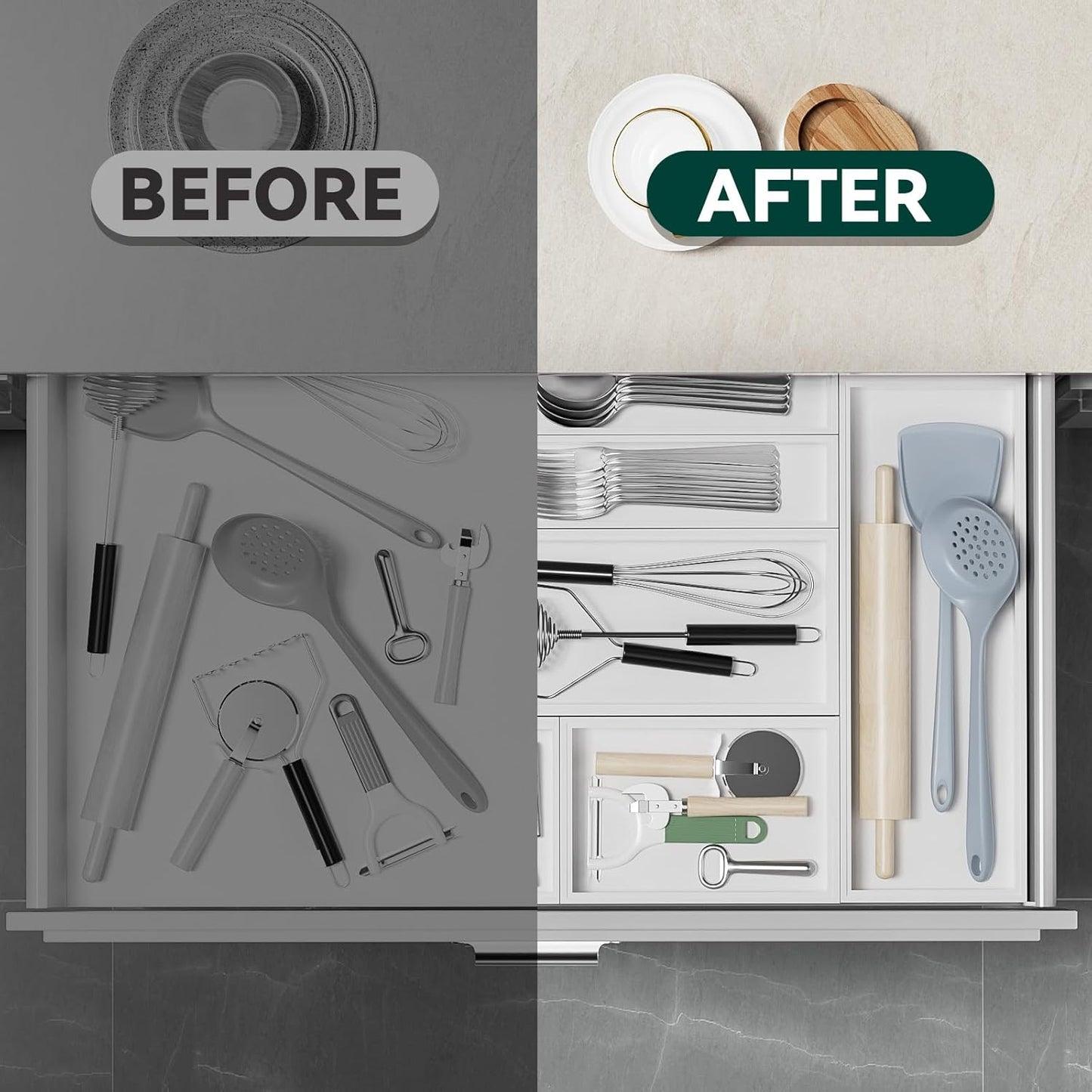 Bamboo Drawer Organizer, Extra Large Silverware Organizer for Kitchen Drawer, Stackable Utensil Organizer, 2 Pcs Toilet Tank Topper Tray, Wooden Toilet Paper Basket (White, 17 X 6 X 2 Inch)