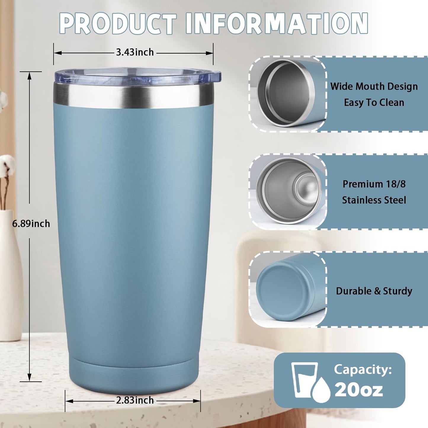 20 oz Tumbler with Lids and Straws, Stainless Steel Insulated Coffee Tumbler, Double Wall Vacuum Insulated Travel Mug Cup, Leakproof Thermal Coffee Cup for Hot and Cold Drinks (azure blue)