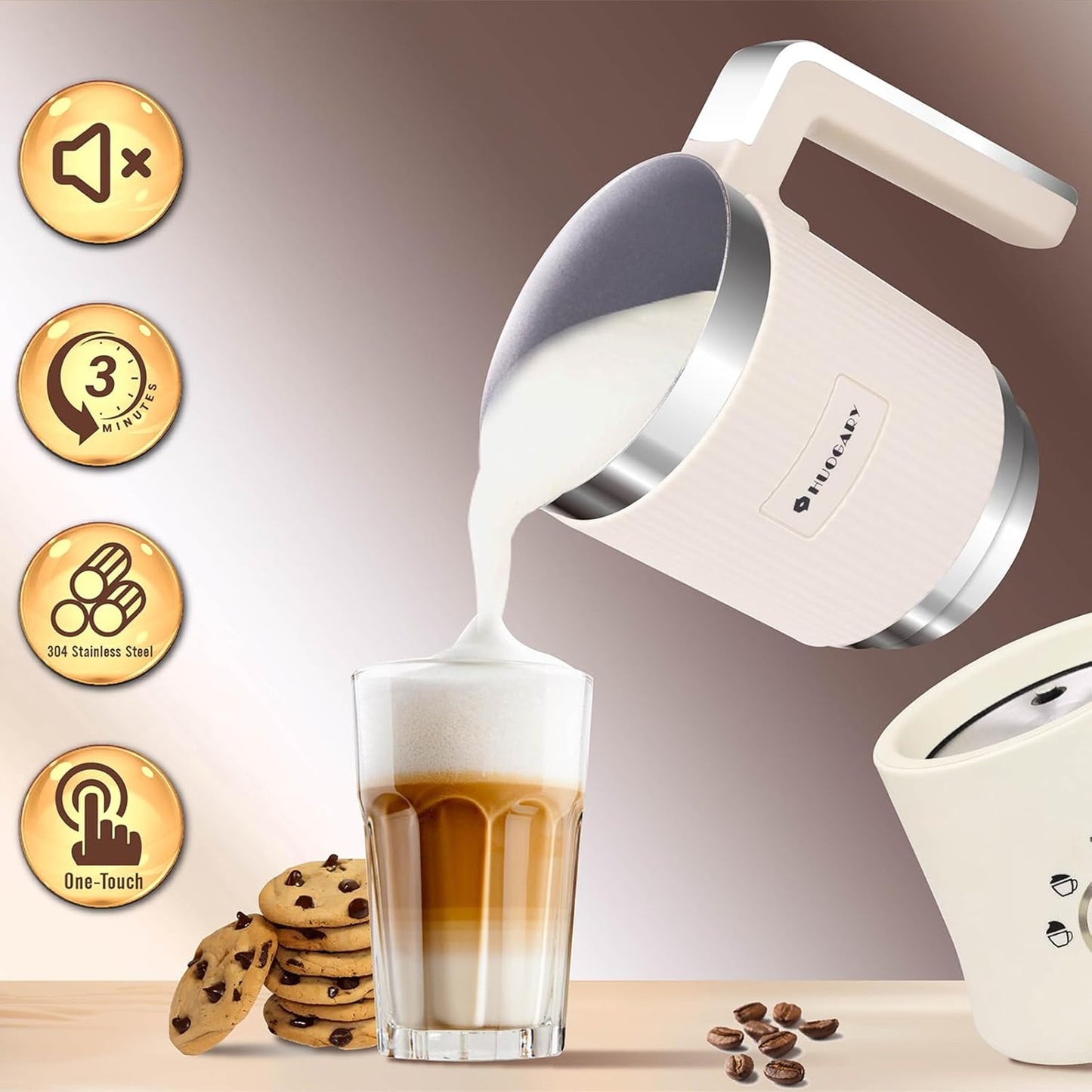 Huogary 5-in-1 Detachable Milk Frother Electric Milk Frother and Steamer Automatic Milk Foamer Frother Hot and Cold Foam Hot Chocolate Maker with Dishwasher Safe (Black)