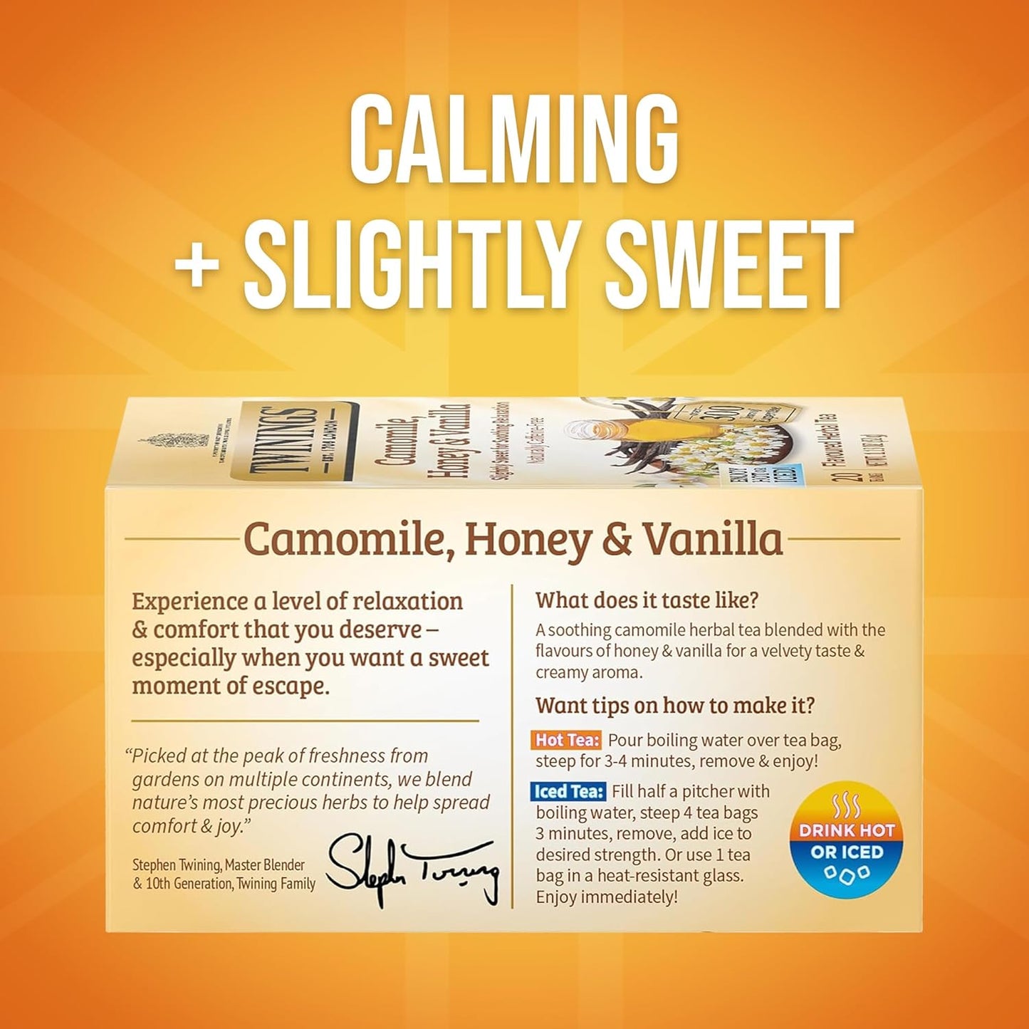 Twinings Camomile, Honey & Vanilla Herbal Tea individually Wrapped Bags, 20 Count (Pack of 1), Naturally Caffeine-Free, Enjoy Hot or Iced, 20 Teabags