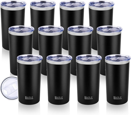 HASLE OUTFITTERS 12oz Skinny Tumbler Bulk, Slim Tumblers Set with Lid, Double Wall Stainless Steel Insulated Travel Coffee Mug, Durable Powder Coated Travel Water Cup(Black, 12)