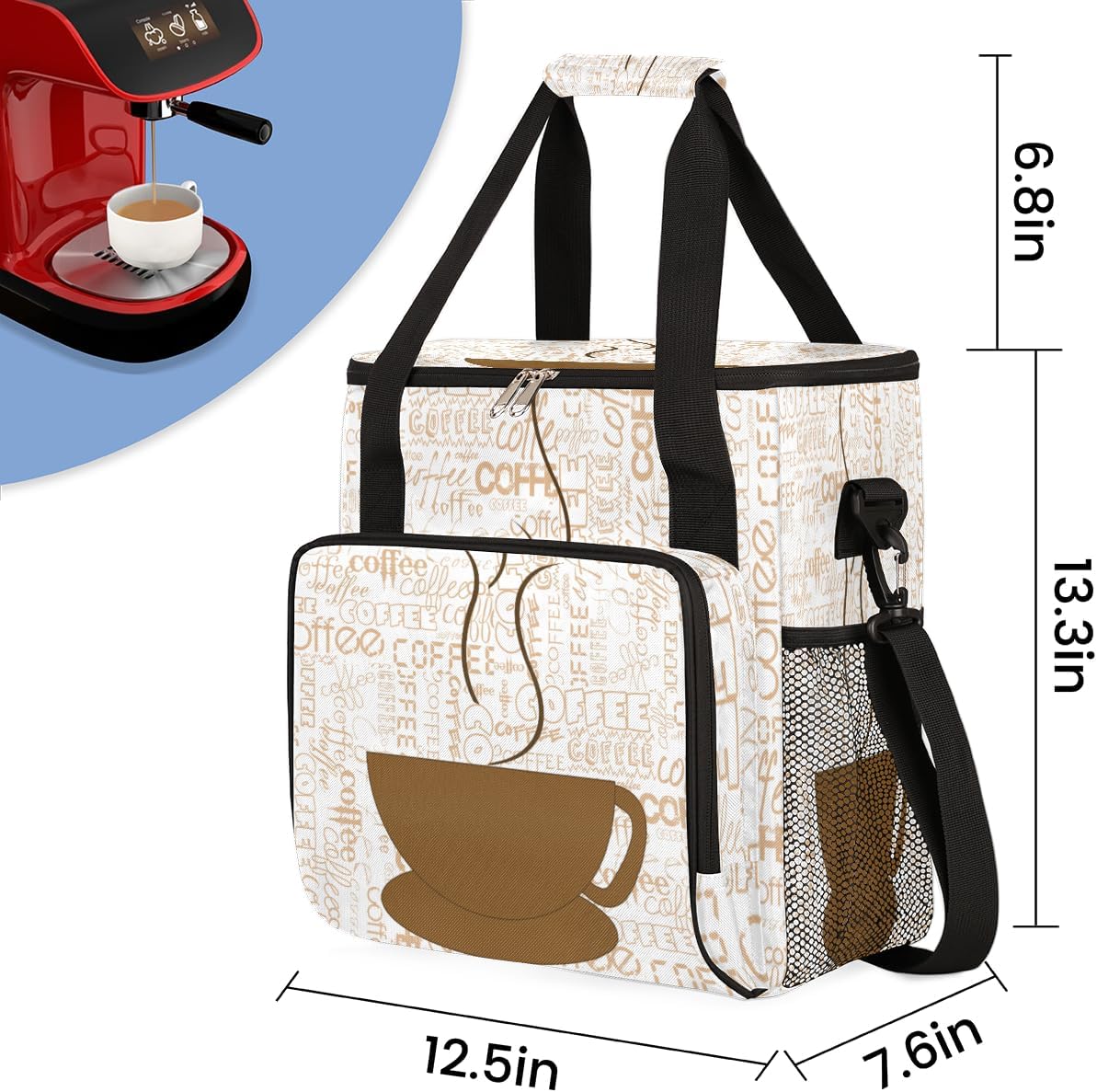 Coffee Cup Coffee Maker Carring Bag Coffee Texts Travel Carrying Storage Tote Bag Compatible with Keurig K-Mini or K-Mini Plus Portable Single Serve Coffee Brewer Case with Pockets for K-cup Pods