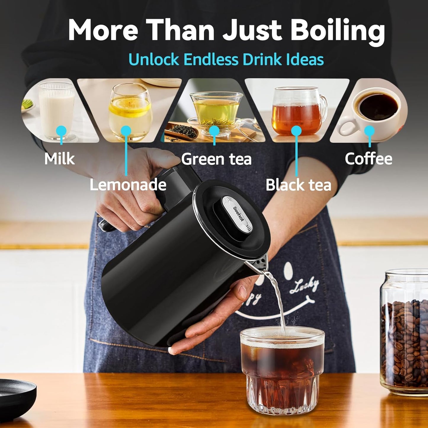 850ml Small Electric Kettle Temperature Control,800W Double Wall Electric Tea Kettle of 304 Stainless Steel,5 Temp Presets,Hot Water Kettle Electric,Auto Shut Off for Tea and Coffee-Black