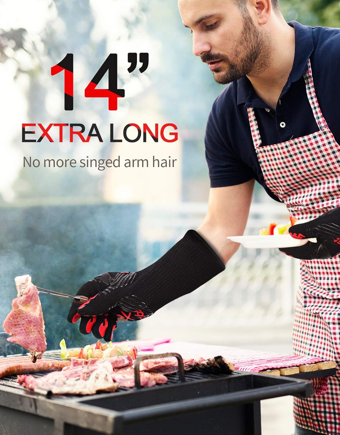 WEEDABEST Hot BBQ Gloves Heat Resistant Kitchen Oven Mitts Professional Long Heat Resistant Cooking Gloves for Grill,Grilling,Smoker,Barbeque,13.5 inch-Gray