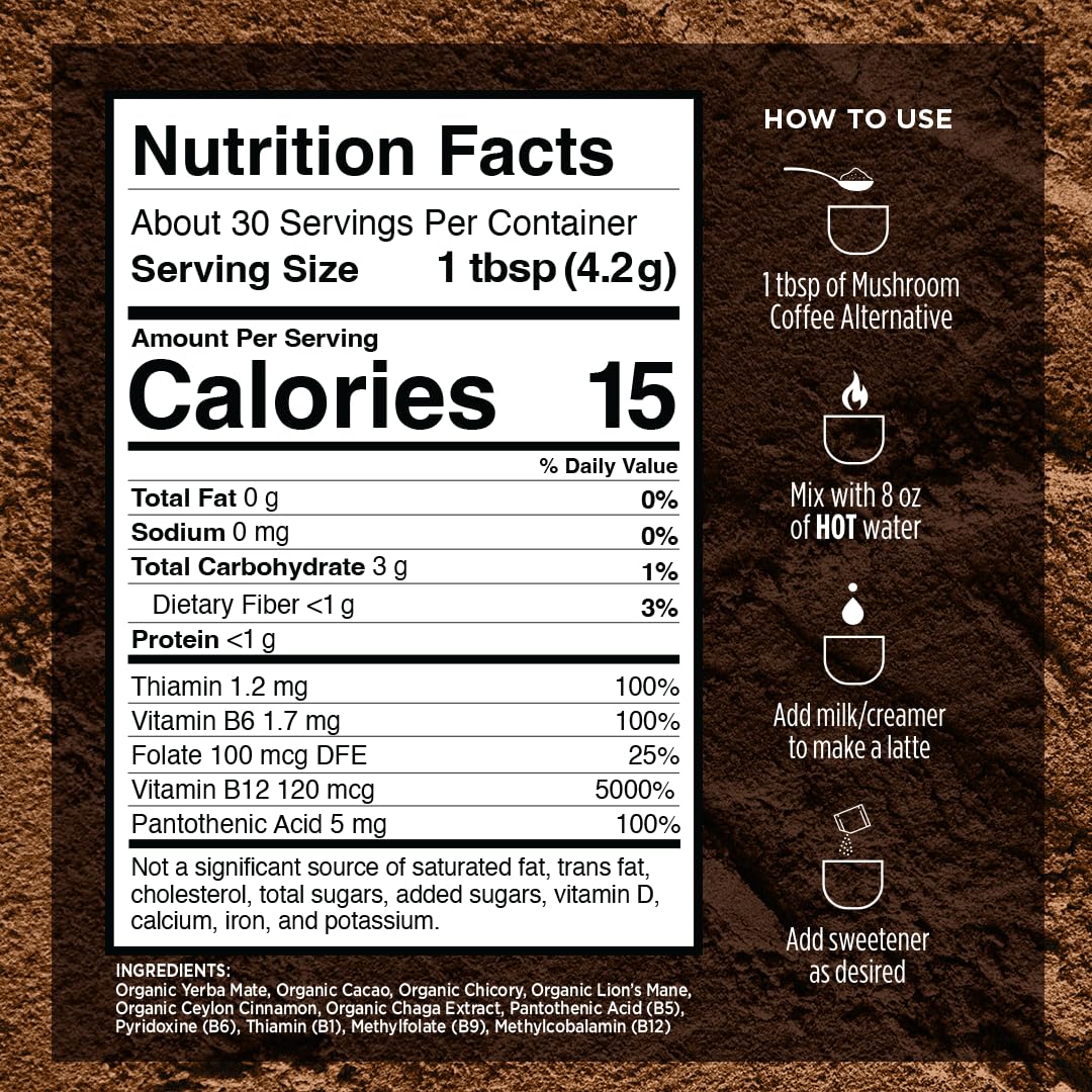 VitaCup Mushroom Coffee Alternative Instant Drink Mix | Mushroom Coffee Substitute for Natural Energy & Focus | Lion’s Mane, Yerba Mate, & Chaga | Cacao, Cinnamon, & B Vitamins | 3 Bags, 90 Servings